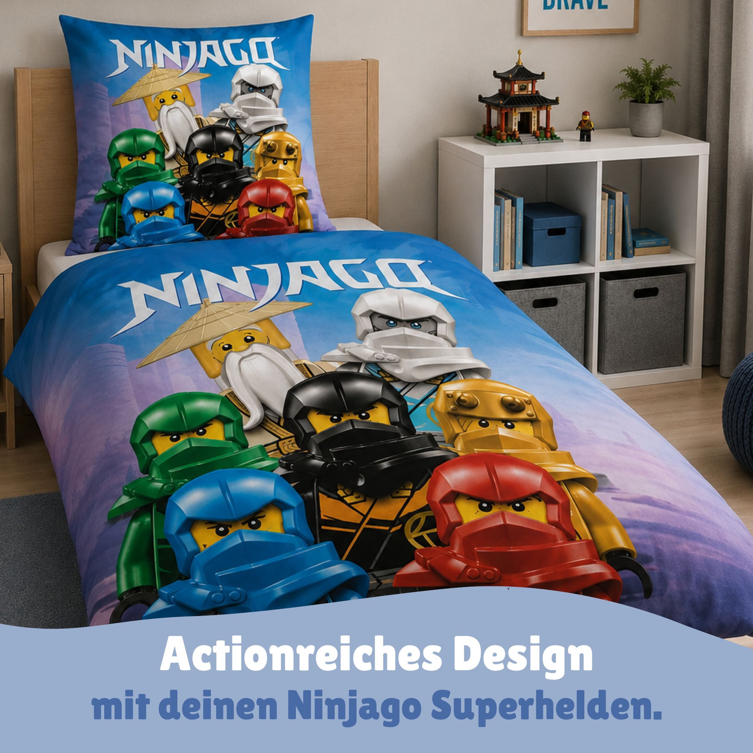 Familando Kinderbettwäsche Lego Ninjago Blau mit Lloyd Jay Kai uvm. aus 100% Baumwolle, Renforcé, 2 teilig, 135x200 80x80cm mit Reißverschluss; Wendebettwäsche