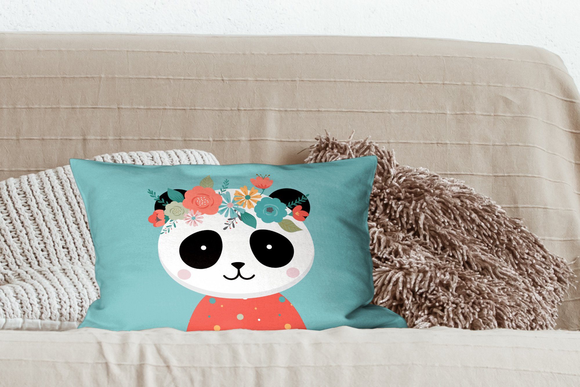 MuchoWow Dekokissen Panda - Dekokissen Zierkissen, Schlafzimmer Blumengirlande Wohzimmer Dekoration, mit Füllung, Blau, 