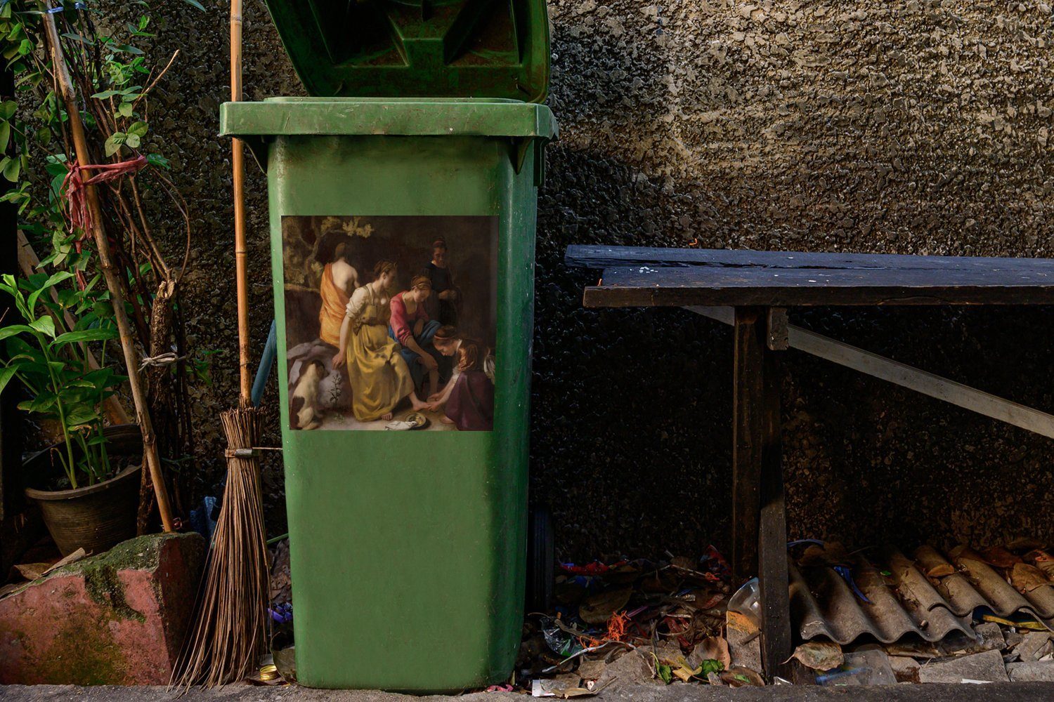 MuchoWow Wandsticker Diana und ihre - St), Mülltonne, Vermeer Sticker, Mülleimer-aufkleber, Container, Johannes Abfalbehälter Begleitung (1
