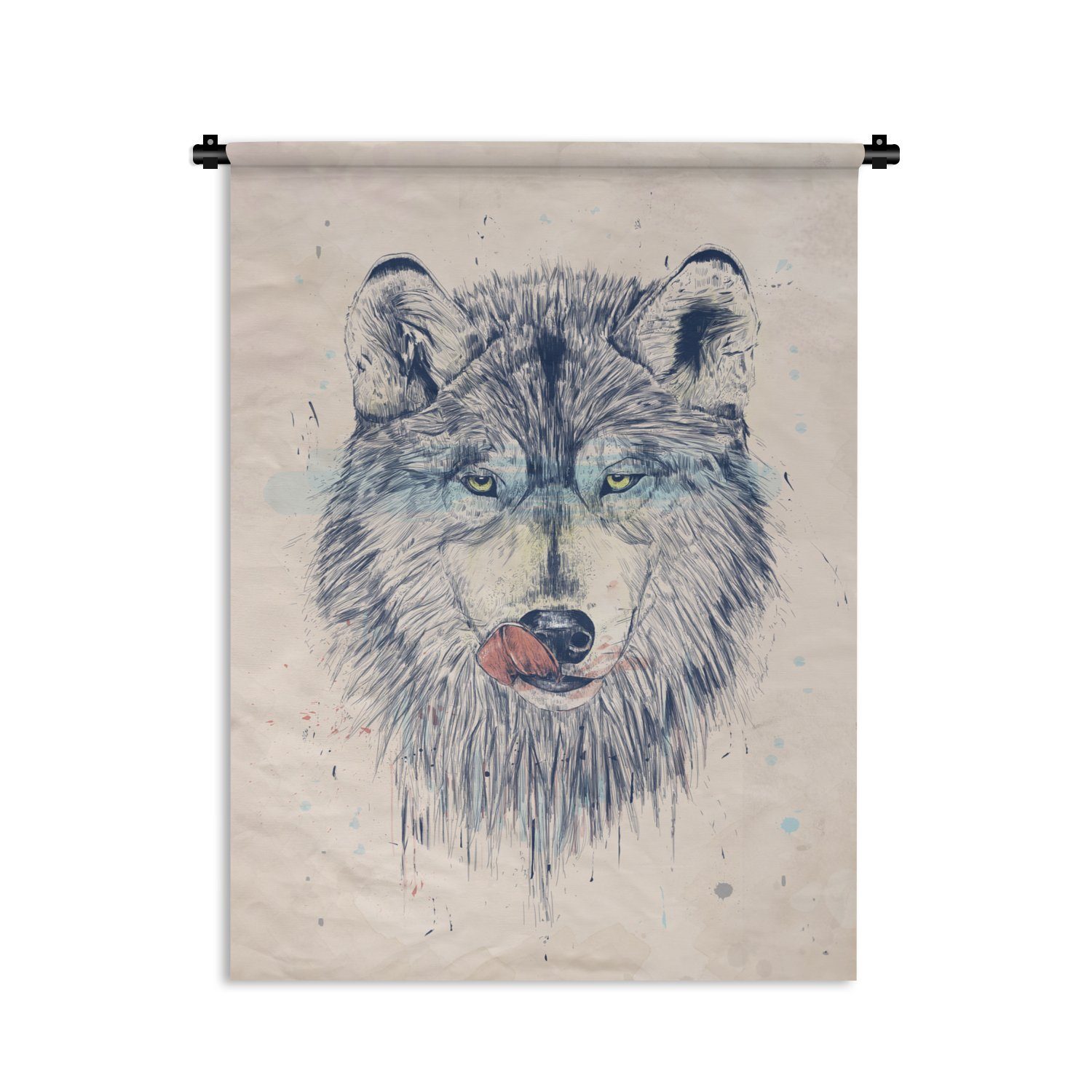 MuchoWow Wanddekoobjekt Wolf - Tiere - Porträt - Zunge, Deko für an der Wand, Wohnzimmer, Tapisserie, Schlafzimmer