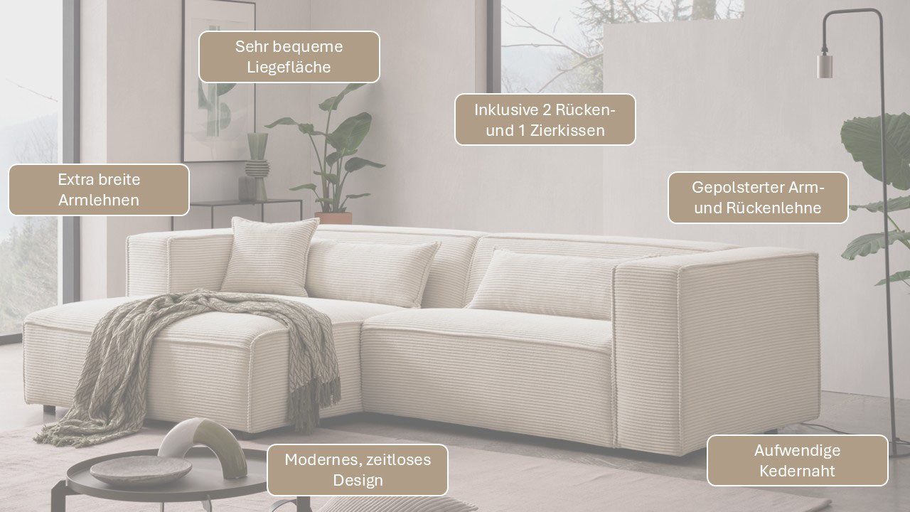 LeGer Home by Lena Gercke Ecksofa PIARA mit Kedernaht, Cord, Leinenoptik o. Strukturstoff, Couch, L-Form, wahlweise Ottomane rechts/links, schwarze Füße, bequemer Sitzkomfort