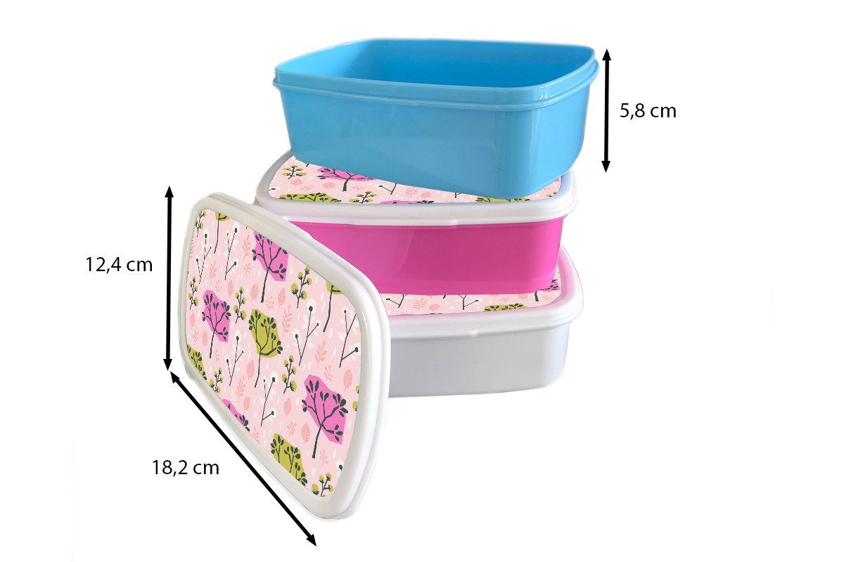 Blätter Rosa Brotbox Design, und Brotdose, für Lunchbox MuchoWow für weiß Erwachsene, und - Kinder Jungs Bäume - - (2-tlg), Kunststoff, Mädchen
