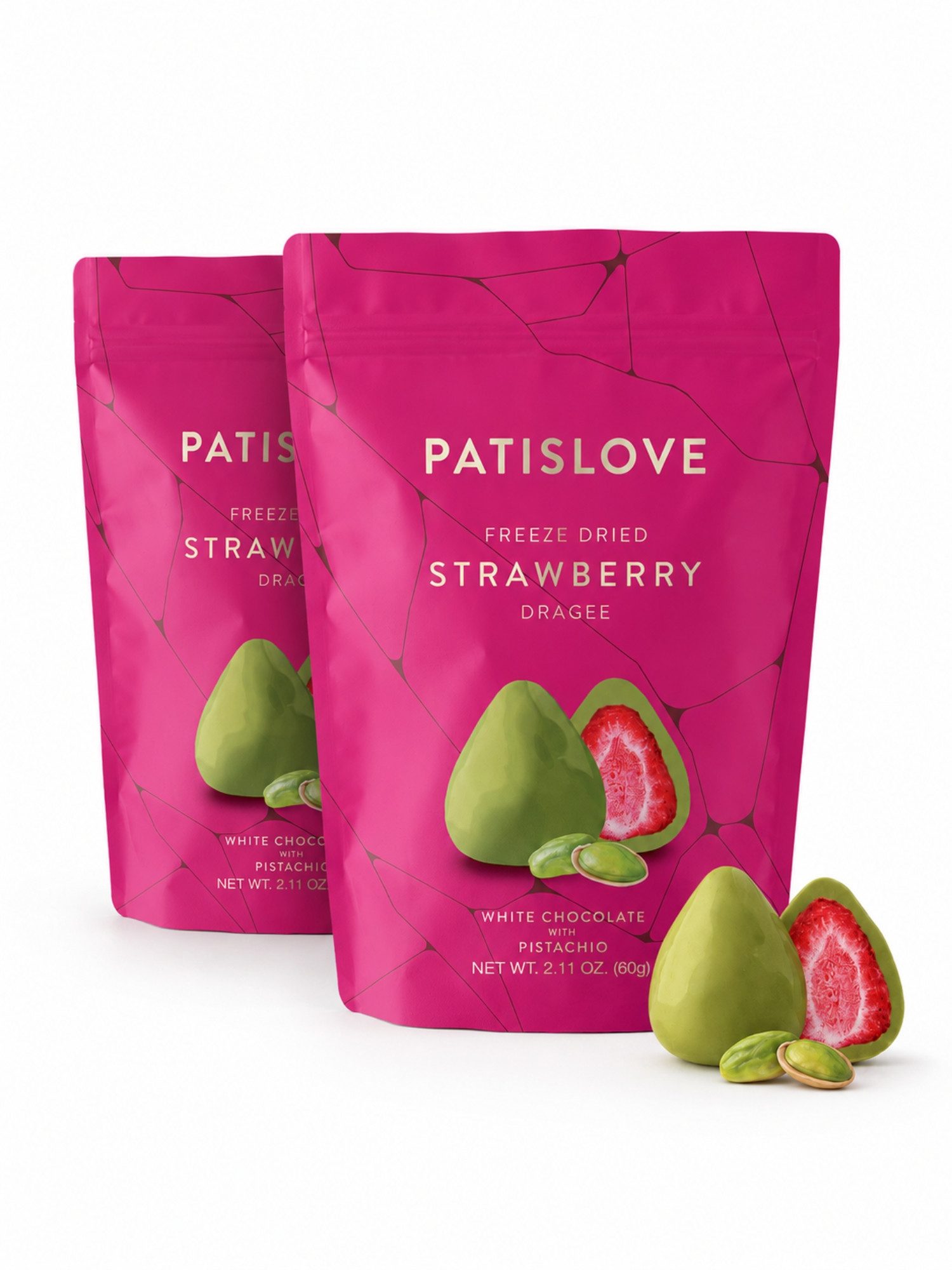 PATISLOVE Schokolade Erdbeer-Dragees mit Pistazie, weißer Überzug, 60 g, 1 x 60 g, mit gefriergetrockneter Erdbeere, mit Pistazie