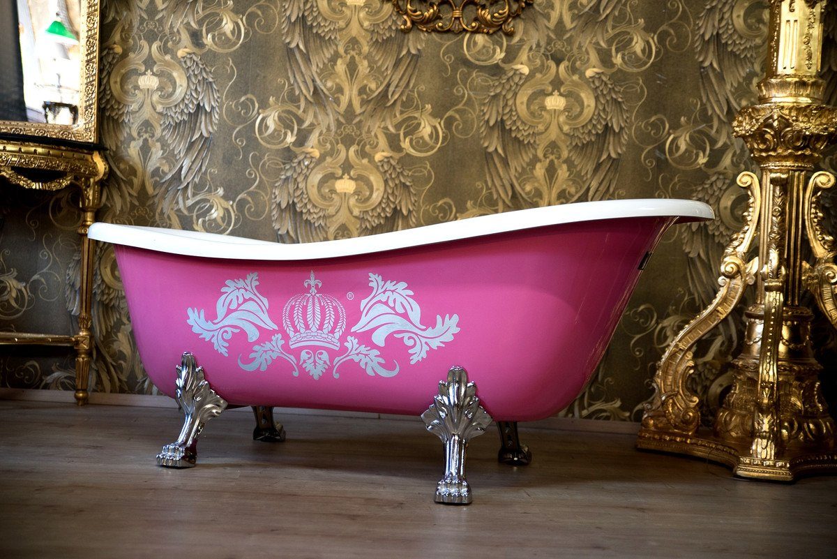 Casa Padrino Badewanne Luxus Badewanne freistehend von Harald Glööckler Pink / Silber / Weiß 1695mm mit silberfarbenen Löwenfüssen -AUSSTELLUNGSTÜCK-