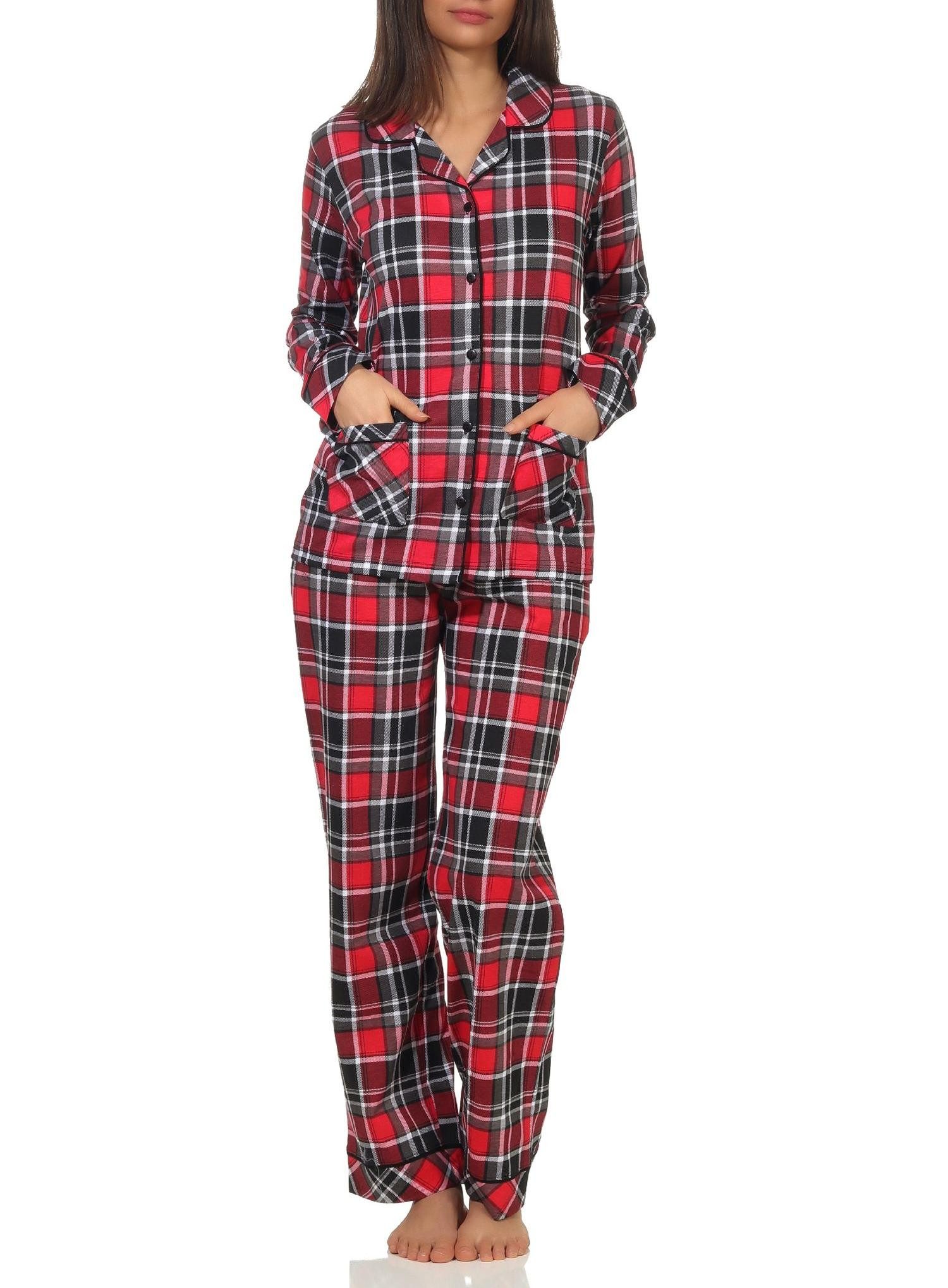 Pyjama Damen Pyjama in Karo Optik zum durchknöpfen in Single Jersey Qualität