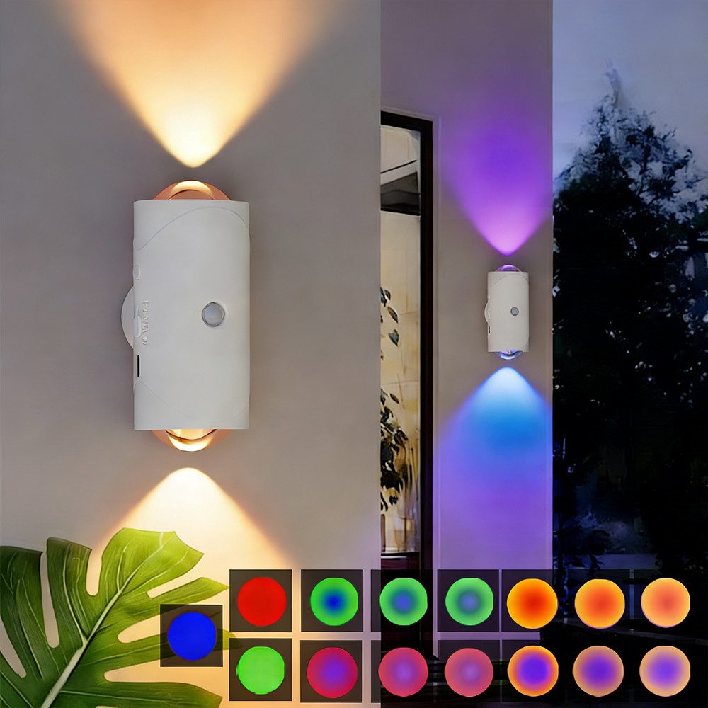 PRIISF LED Würfel Akku Wandleuchte mit Bewegungsmelder Wandlampe RGB Up Down Wandlicht, USB-Wiederaufladbare, Batterie Batteriebetrieben Flur Treppen Wandbeleuchtung, RGB Farbwechsel, Innen Strahler Leuchten für Treppe, Flur, Wohnzimmer, Schlafzimmer