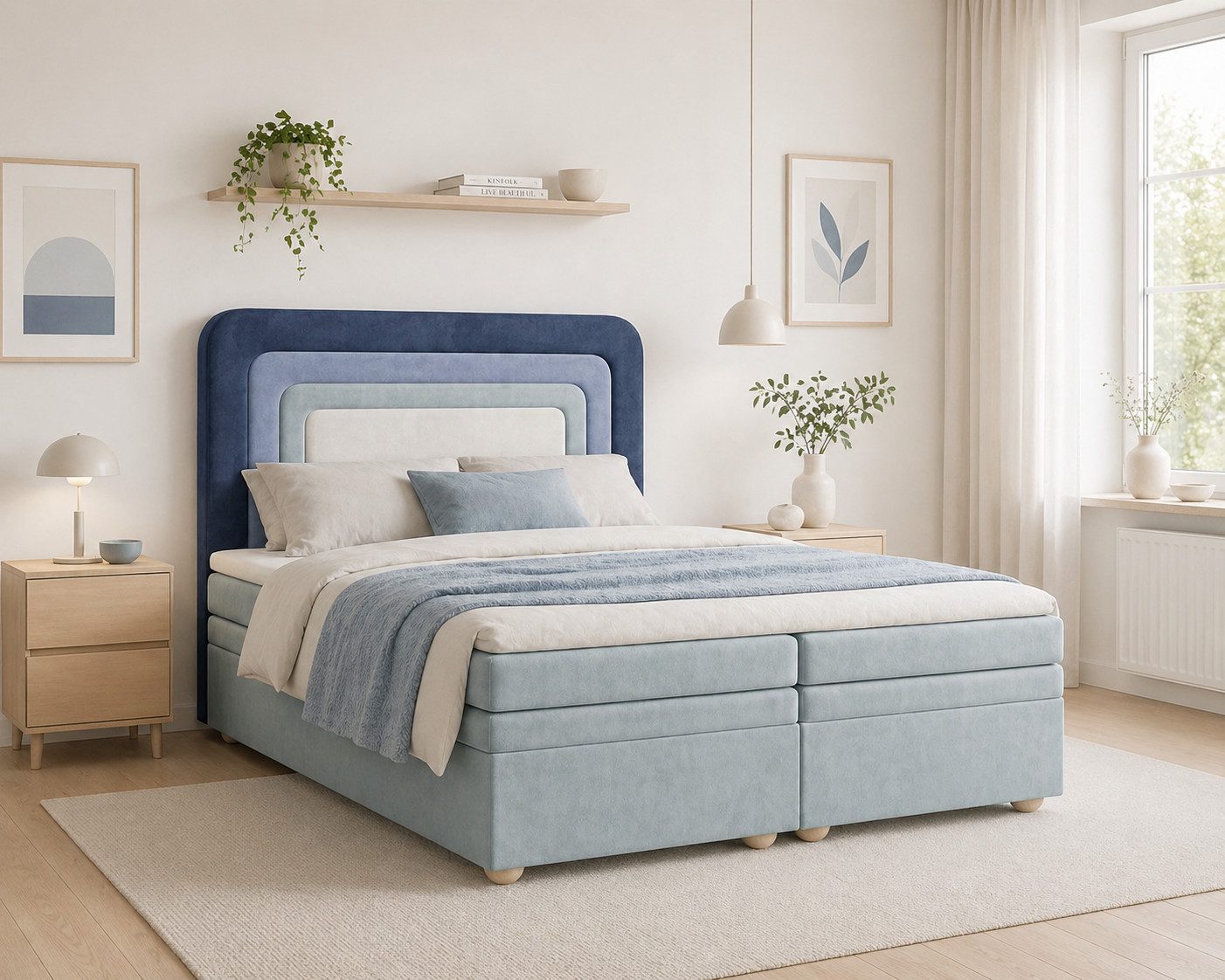MOEBLO Boxbett NEST (Marineblau, regenbogenförmige abgerundete Kopfstütze, mit Bettkasten, Samt, Velour, Bonell + Topper, Doppelbett - 140x200 cm), (BxHxT): 143 / 163 / 183 x 113 x 214 cm