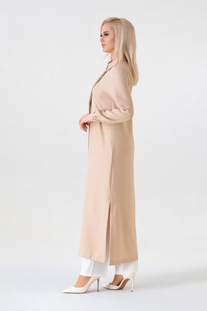 fashionshowcase Longtunika Damen lange Tunika verdeckte Knopfleiste Modest elastisch elegant minimalistischer Look, fließender Fall, ideal für Modest Outfits