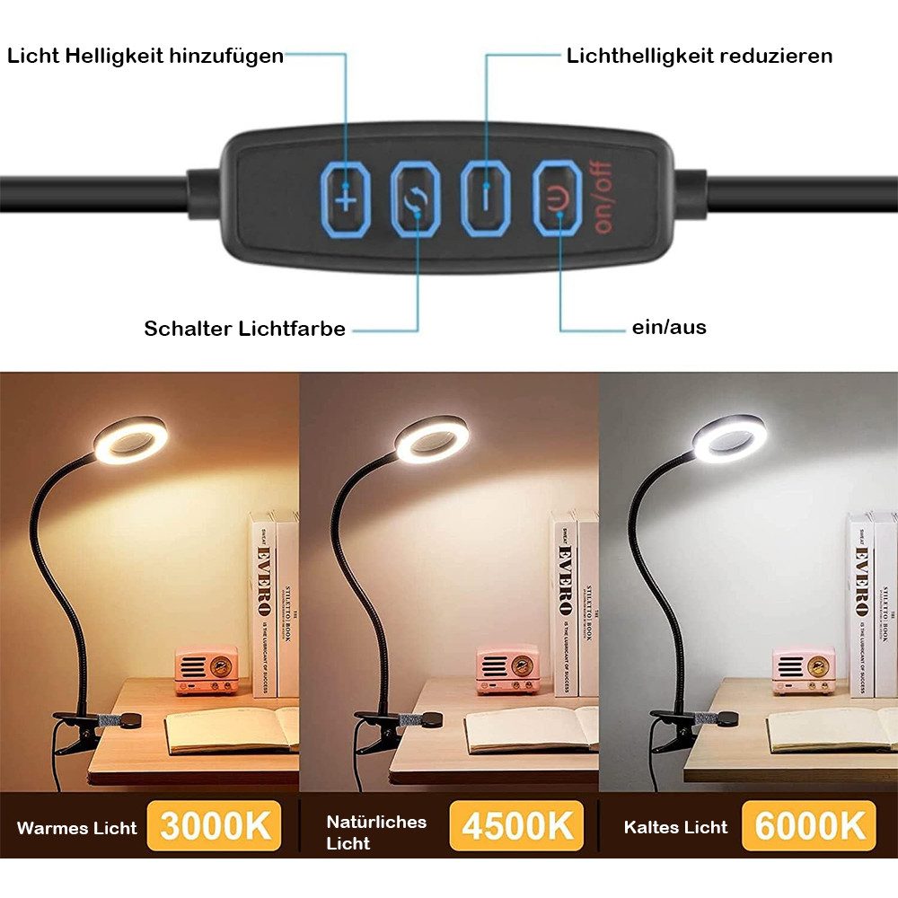 PRIISF Klemmleuchte LED Lupenleuchte Klemmbar Arbeitsplatzlampe Lupe mit Licht und Ständer, Touch-Dimmbar, 5X Dioptrien Lupenleuchte Buchlampe Lupenlampe Ringlicht 360° Flexibel, Schwanenhals Lampe 3 Einstellbare Farben und 10 Helligkeitsstufen, für Diamond Painting Zubehör Lesen Basteln Juweliere Modellbau