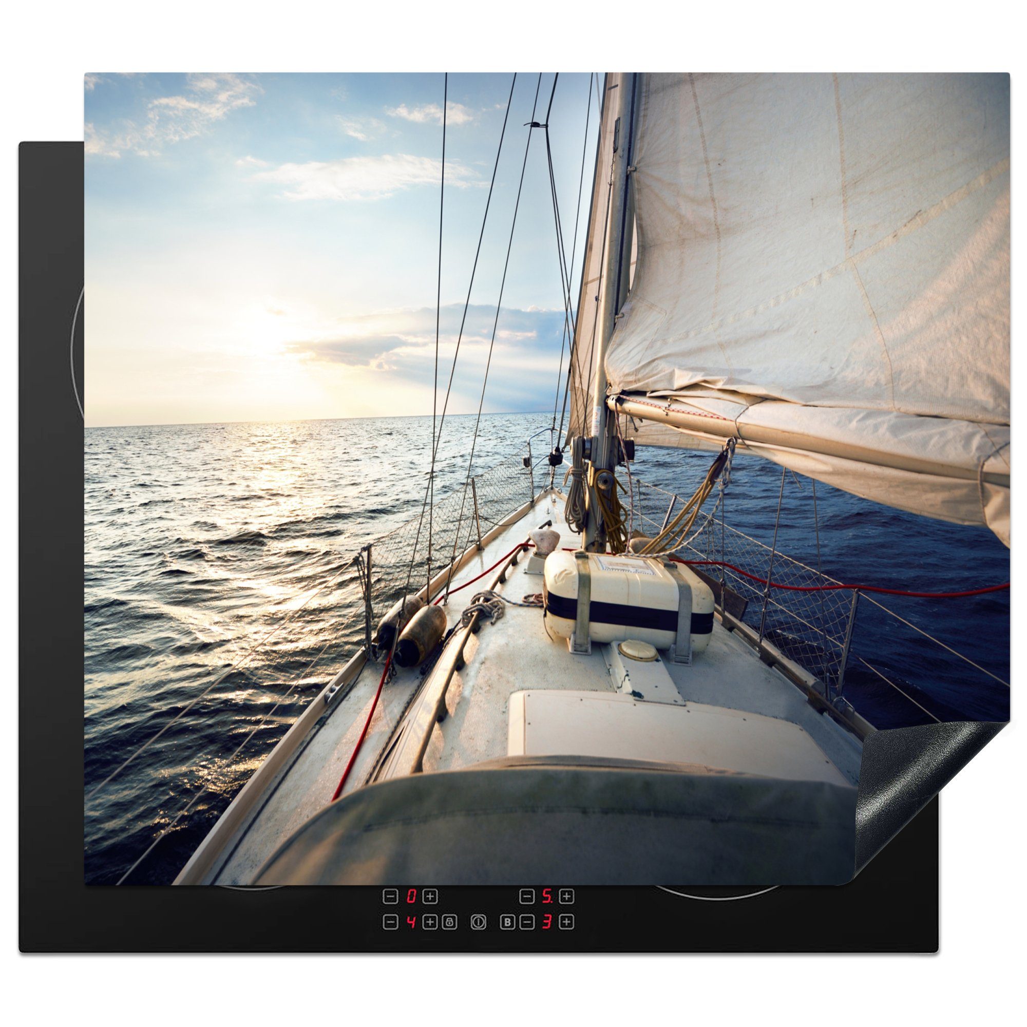59x52 MuchoWow Herdblende-/Abdeckplatte - küche, tlg), - Ceranfeldabdeckung Segelboot die für Meer Sonne, Vinyl, cm, Induktionsmatte (1