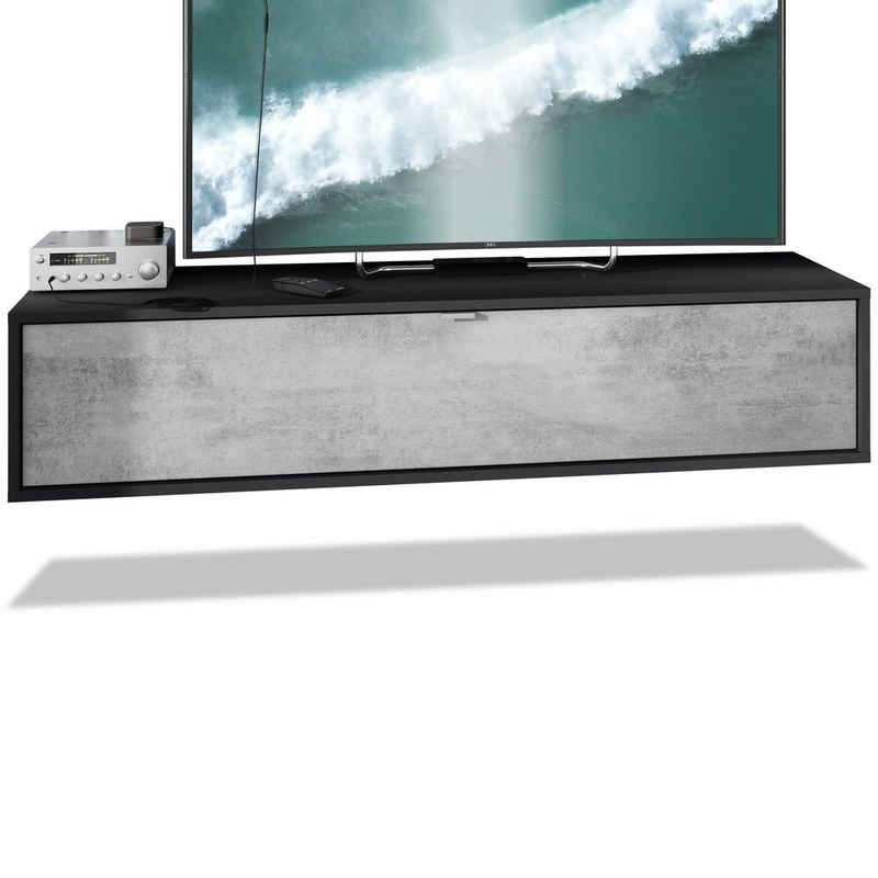 Vladon Lowboard Lana (TV-Kommode, mit Klappe dahinter 3 Fächer), Schwarz matt/Beton Oxid Optik (140 x 29 x 37 cm)