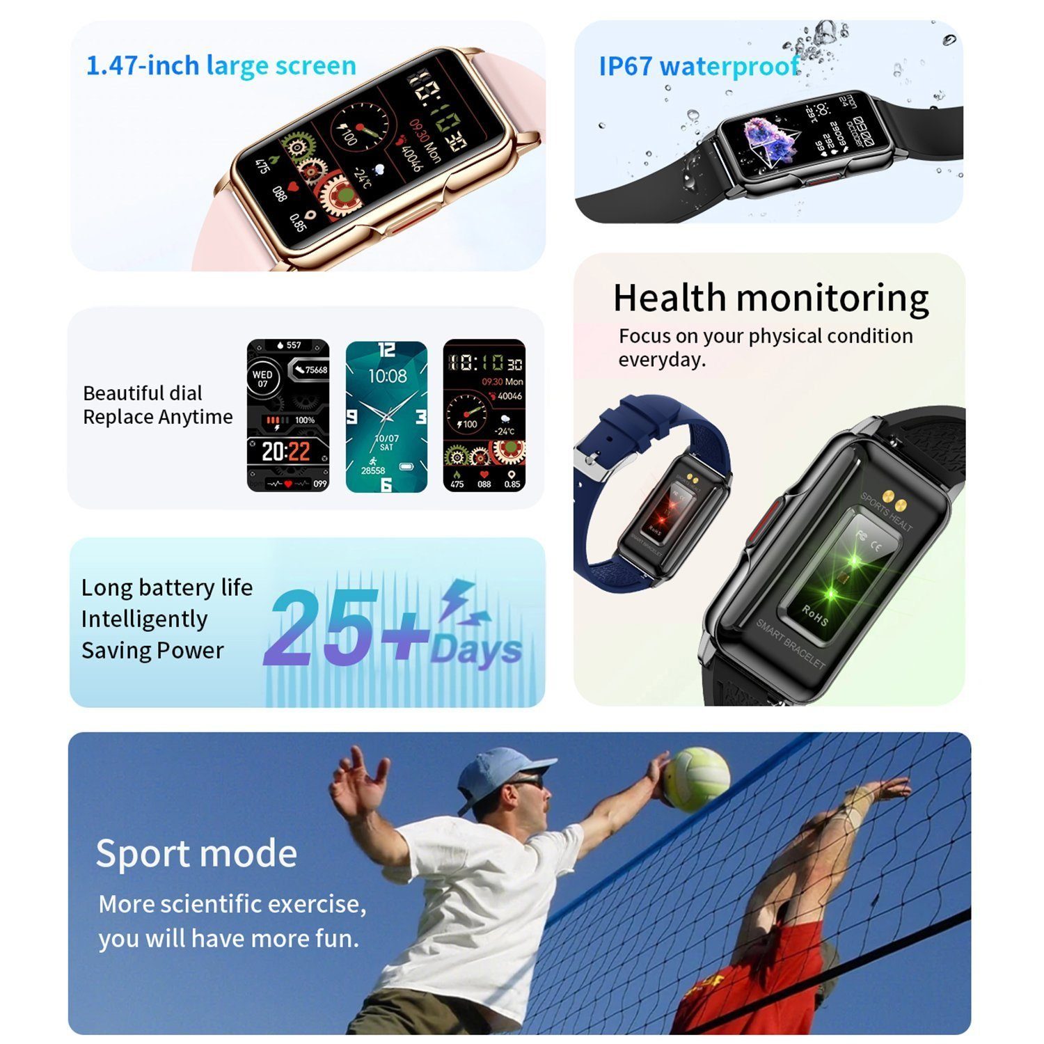 Haiaveng Damen Smartwatch Smartwatch (3,73 Fitness Android Smart und Tracker, Fitness Gesundheitsfunktionen iOS Damen Schwarz+Blau Watch, cm/1,47 Uhr, Zoll, cm)