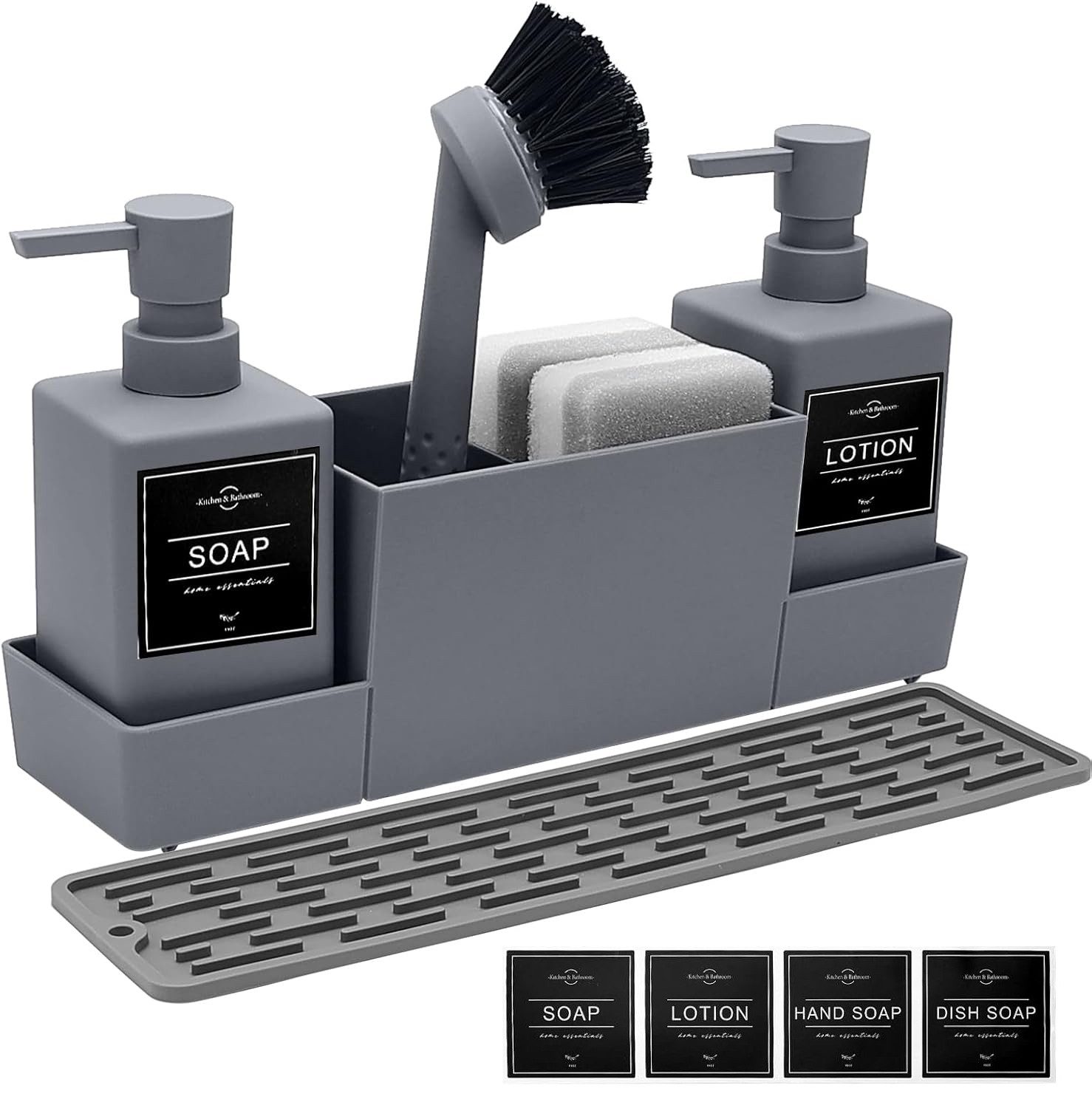 Lumkudos Küchenorganizer-Set 350ML Spülbecken Organizer mit Bürste, Seifenspender Spülschwamm, (4-tlg., Flaschen*2, Schwämme*2, Tablett*1, Pinsel*1, Aufkleber, Matte*1), Spülorganizer mit Zwei Seifenspender, Küchengadget Organizer