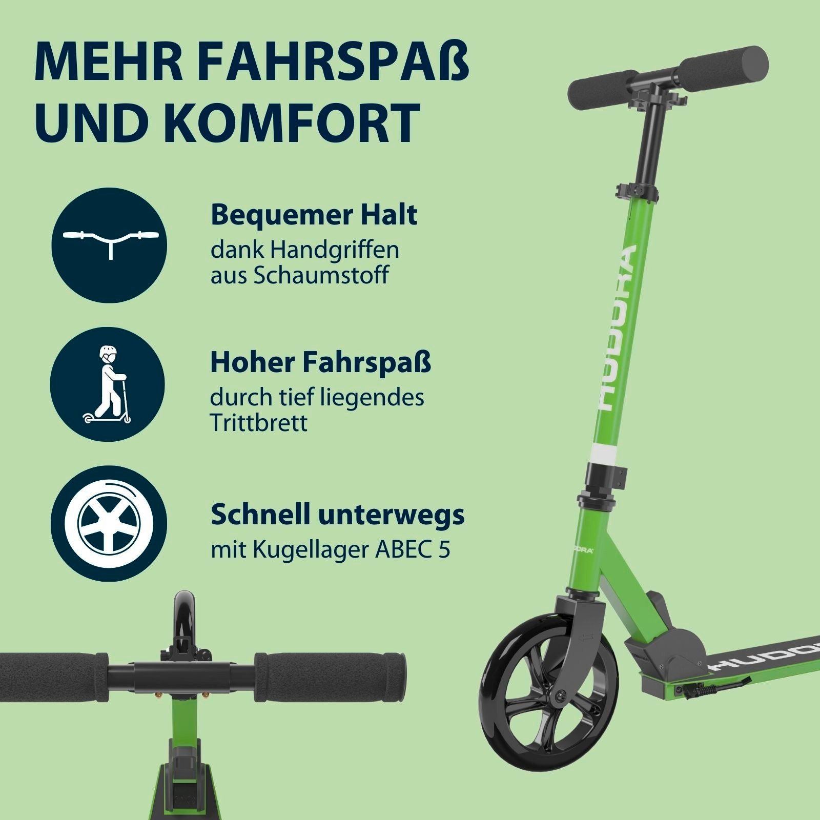 Hudora Cityroller Scooter Start 200 Höhenverstellbarer & zusammenklappbarer Cityroller, Kinder- & Erwachsenenroller für bis zu 100kg mit Ständer