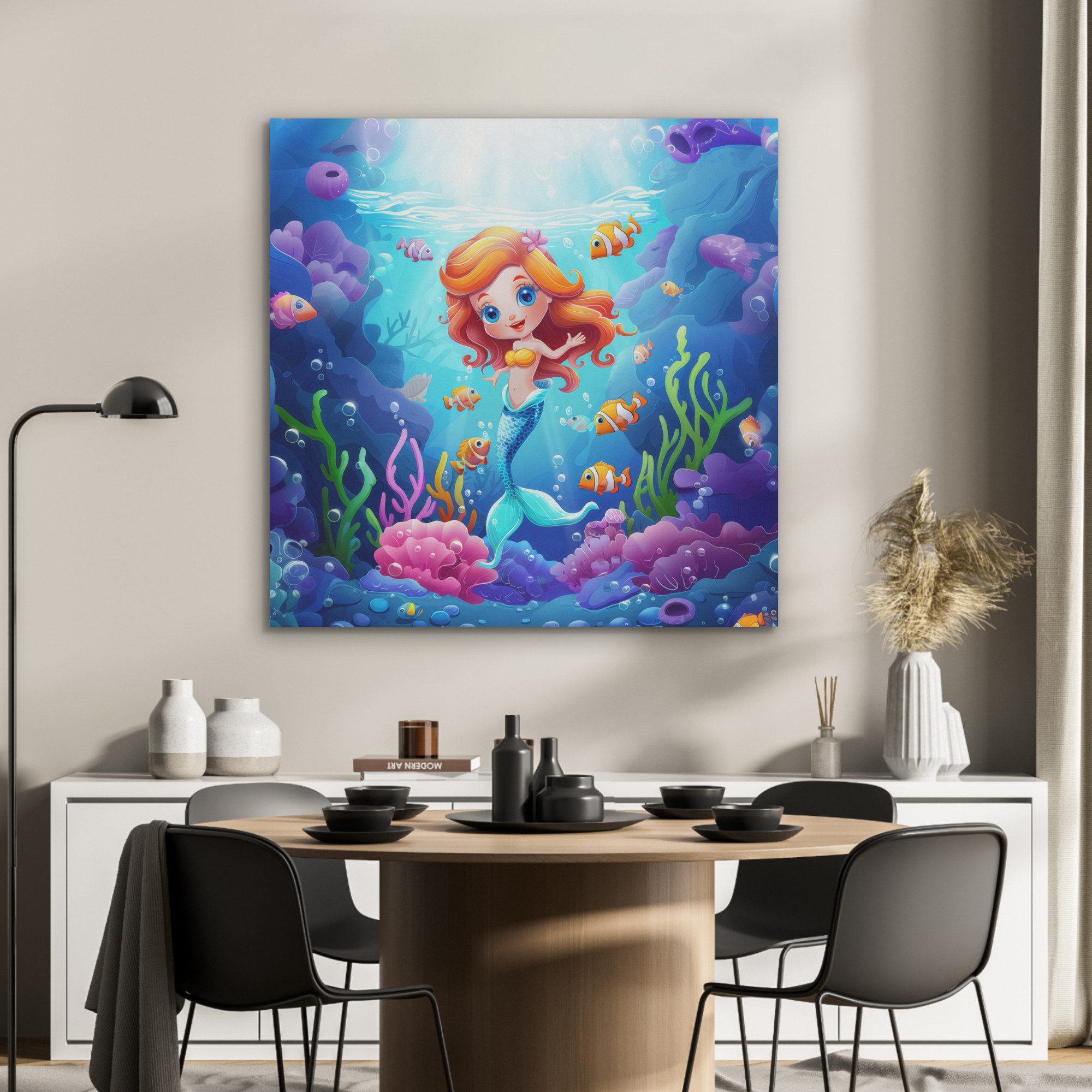 MuchoWow Gemälde Meerjungfrau - Unterwasserwelt - Fische - Ozean, Fotodruck (1 St), Akustikbilder PET-Filz, Wandpaneele, Akustikpaneele 90x90 cm