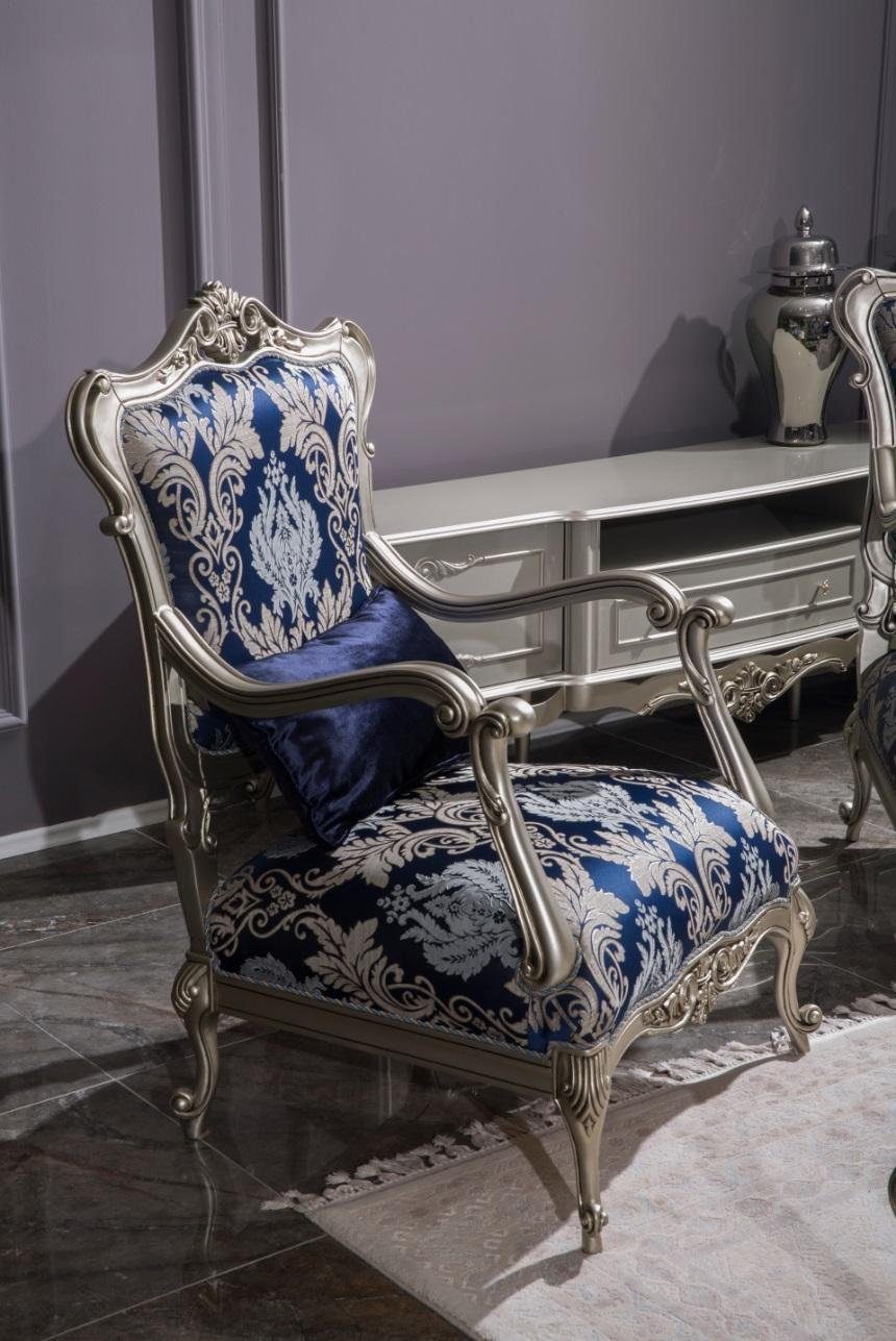 Möbel Blumenmuster Sessel Polster Einsitzer Couch Blau JVmoebel Luxus Sessel,