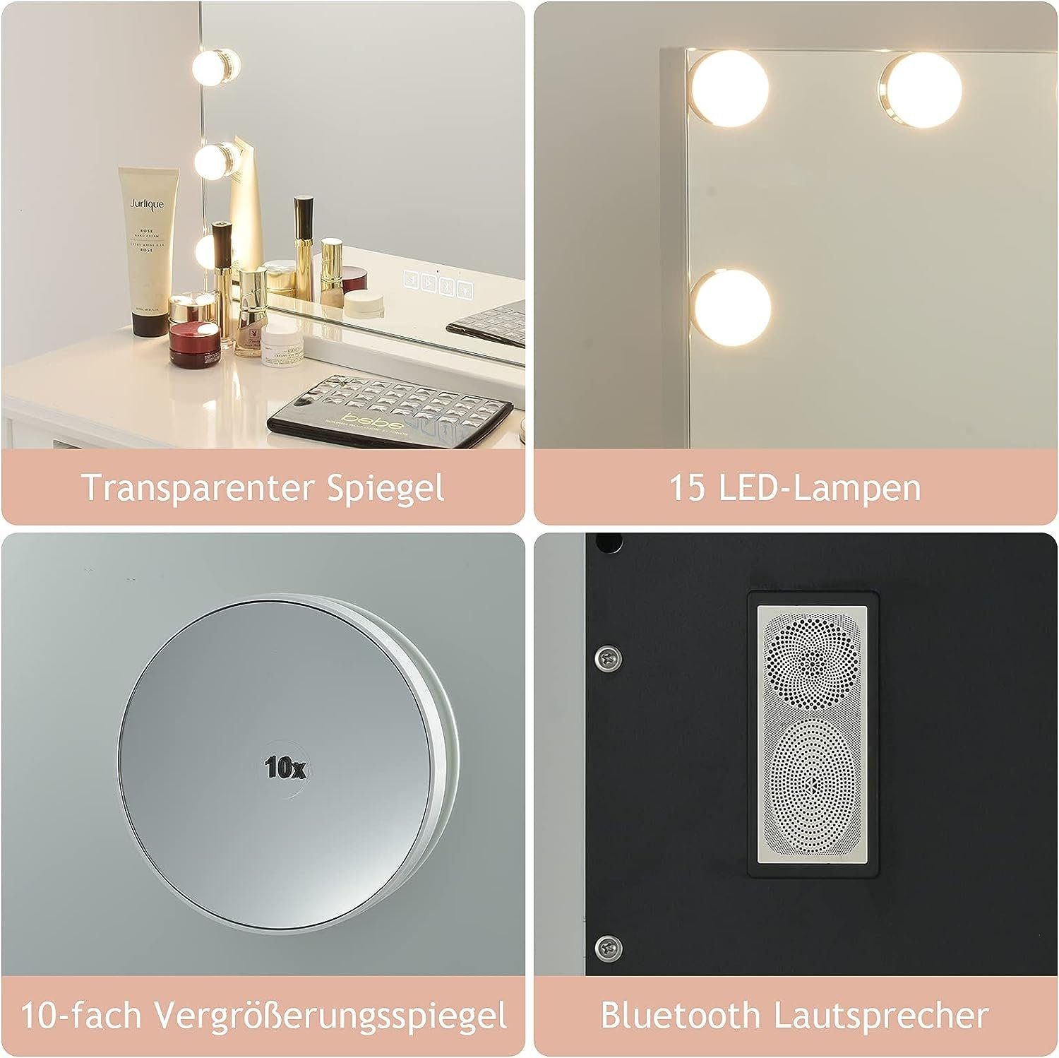 Eisenrahmen KOMFOTTEU LED-Lichtspiegel Schminkspiegel, mit Bluetooth &