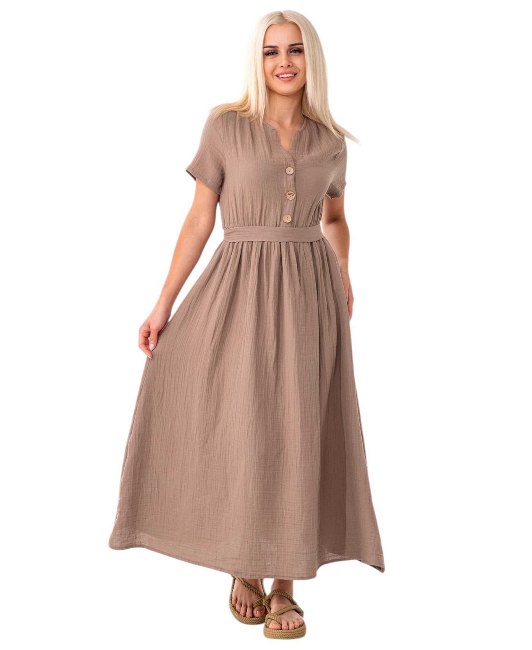 WENOR Sommerkleid Musselin Boho Kleid mit Knopfleiste & Taillenband, Freize günstig online kaufen