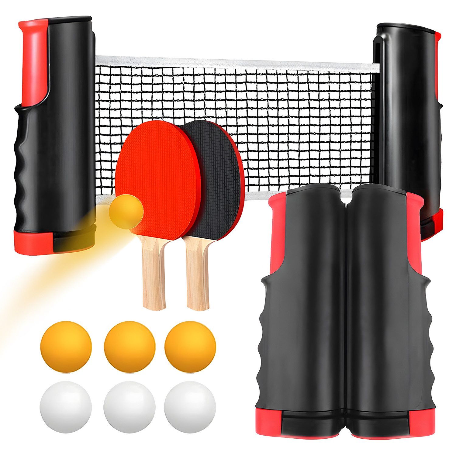AKKEE Tischtennisschläger Set für 2 Spieler 10 Stück mit ausziehbarem mobilen Tischtennisnetz