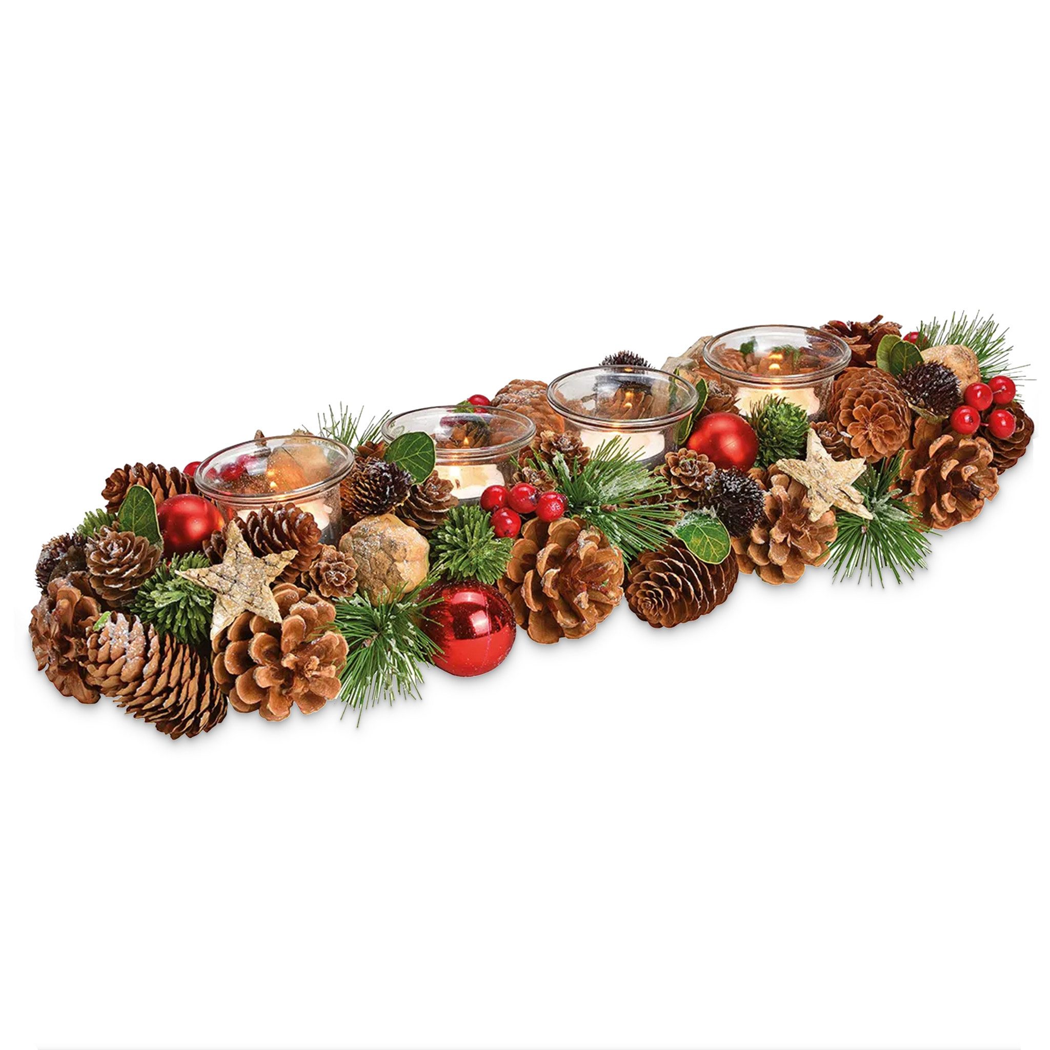 matches21 HOME & HOBBY Adventskranz Holz-Deko Adventsgesteck 40 cm Teelicht-Halter rot braun, Weihnachtsdeko Teelichthalter als längliche Tisch Kerzen-Deko