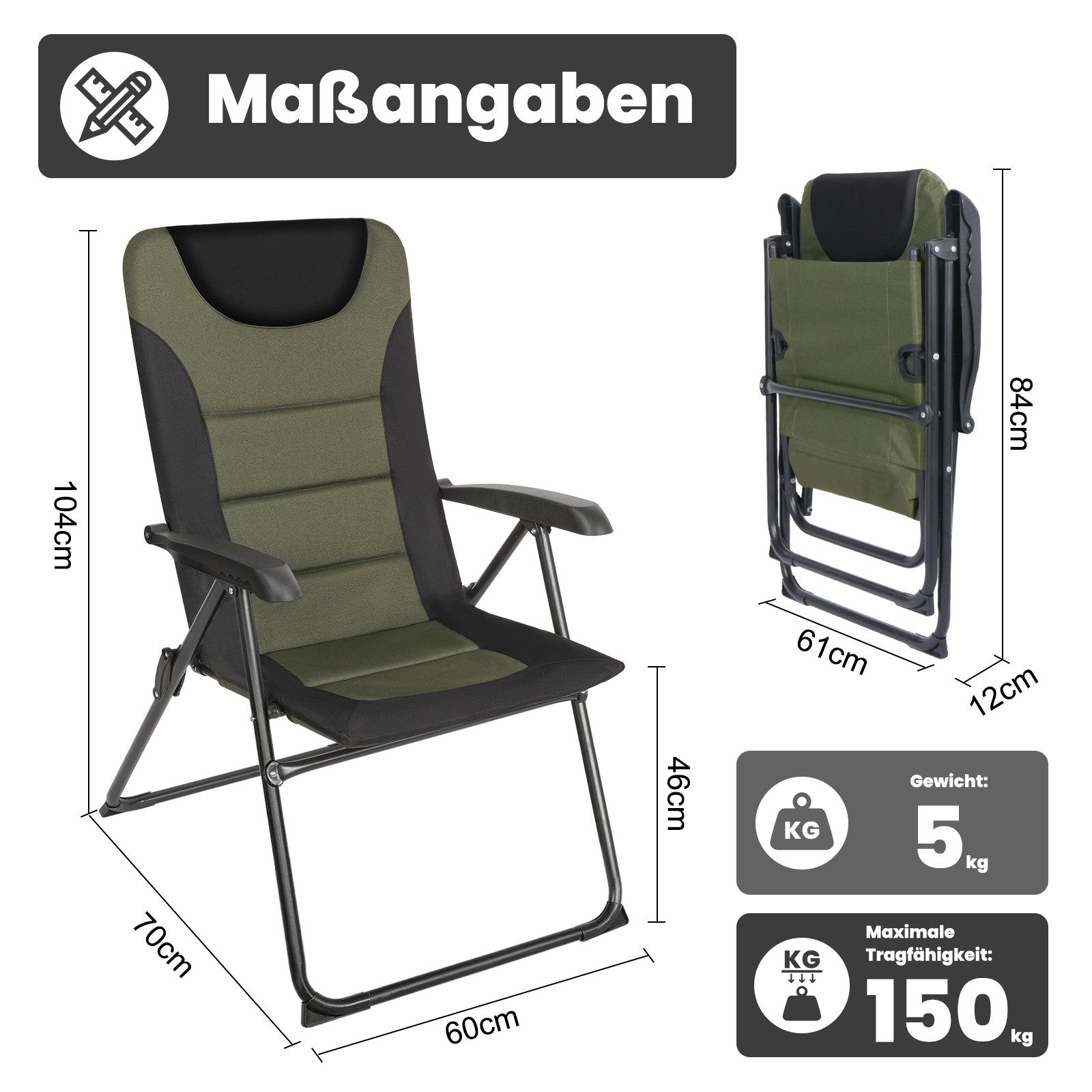 HOMECALL Campingstuhl Gartenstuhl Gepolsterter Klappstuhl für Wohnwagen Outdoors-150kg (1 St), Hochlehner Anglerstuhl mit 5-fach verstellbarer Rückenlehne