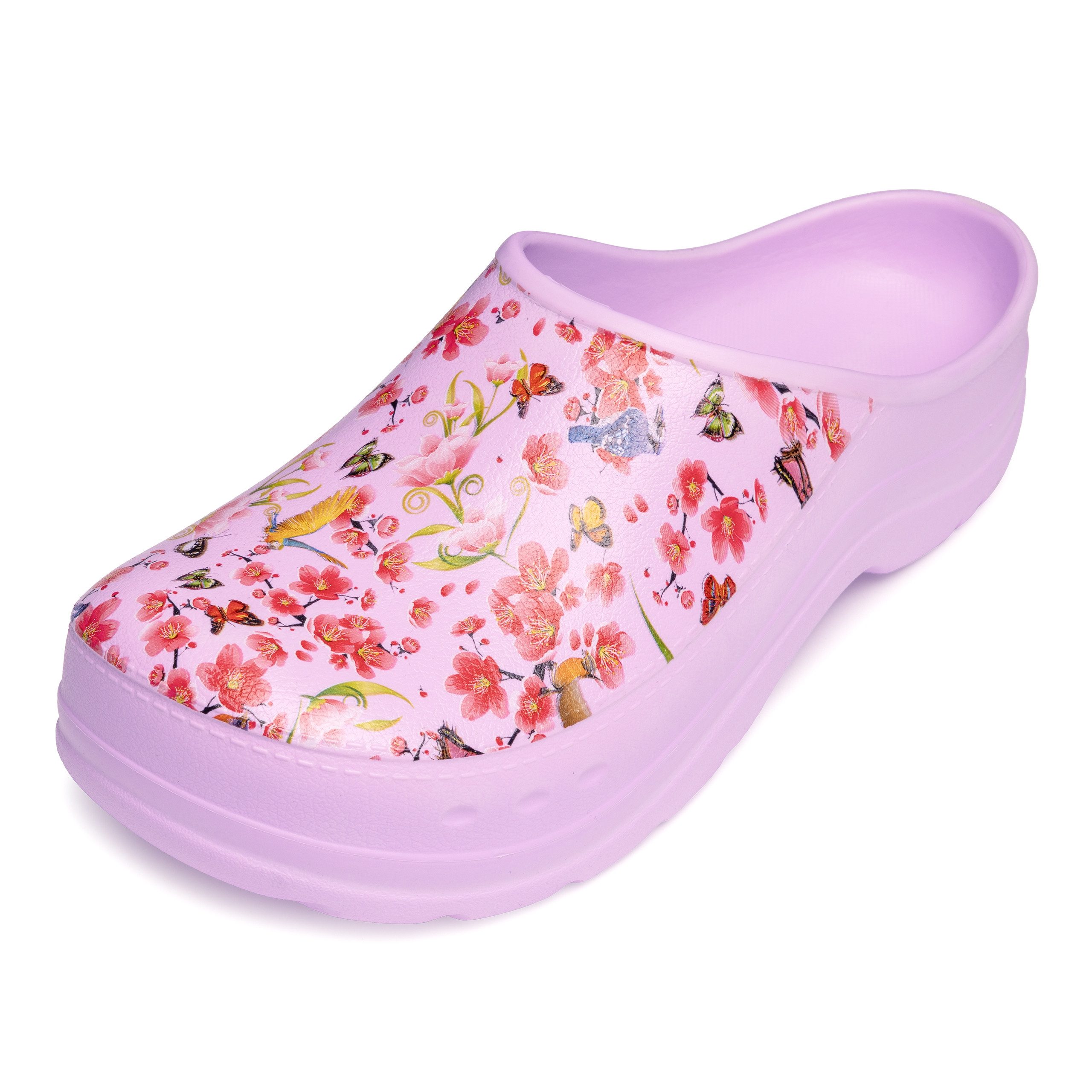 Ladeheid Gartenclogs für Damen Ultraleicht EVA Gemustert Gartenschuhe LA-CA-27 Clog (39 EU, Helllila/Blumen) Wasserdicht & Flexibel