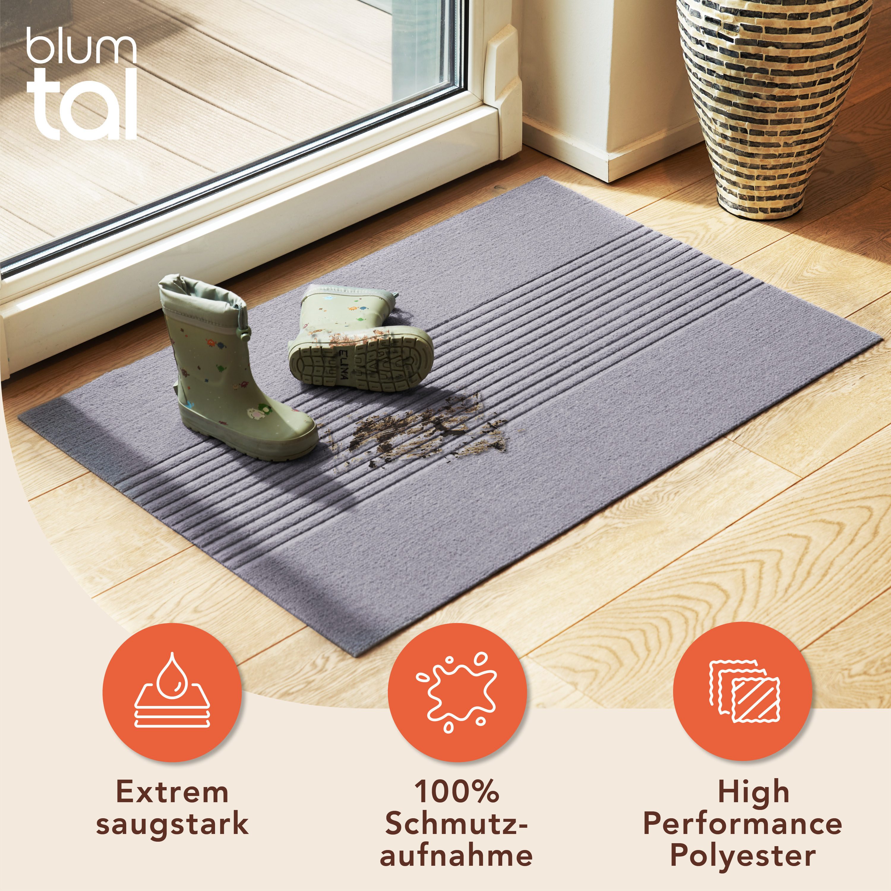 Blumtal Fußmatte rutschfeste Schmutzfangmatte aus langlebigem Polyester, Fußmatte innen/Schmutzfangmatte außen