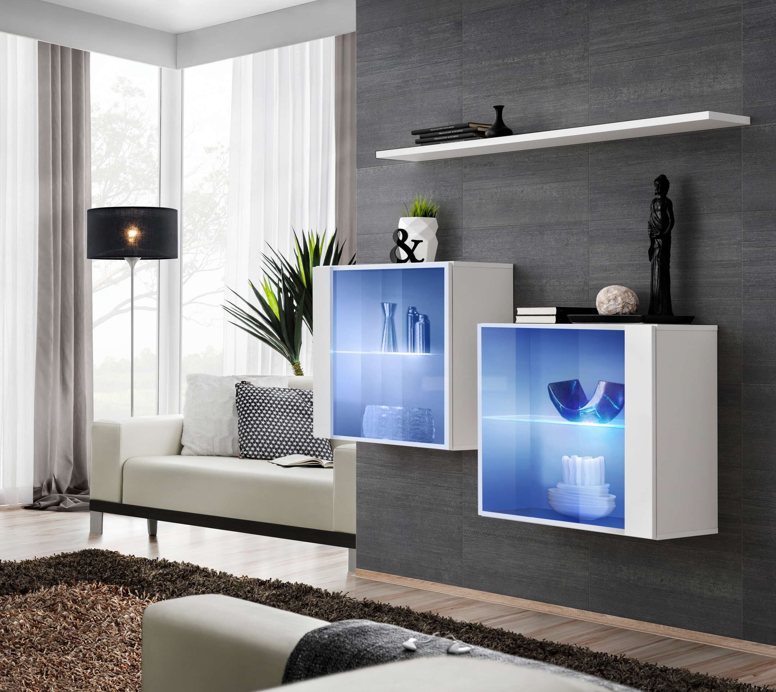 Stylefy Wohnwand Swotch SB III 110x130x30 cm, (Wohnmöbel, Wohnzimmer-Set, Set (3-St), bestehend aus 2xHängevitrine, 1xWandboard, Hochglanzfronten, mit Glaseinsatz, inkl. LED-Beleuchtung, mit Push-to-Open, Modern Weiß
