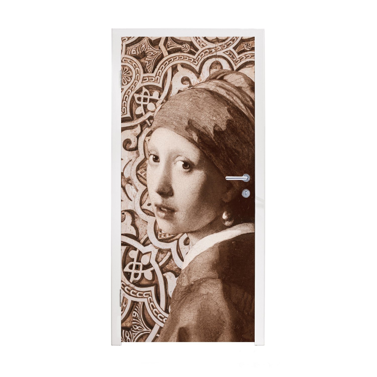 Vermeer cm Matt, Perlenohrring Schnittmuster, für mit 75x205 bedruckt, - dem St), Mädchen (1 - MuchoWow Tür, Türaufkleber, Das Türtapete Fototapete