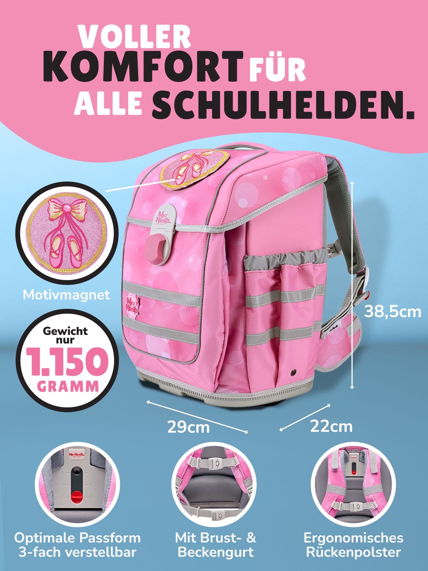 McNeill Schulranzen Ergo Complete 1.-4. Klasse ergonomisch, leicht, Volumen 20 Liter (Set, 6-tlg., inkl. Federmäppchen, Turnbeutel, Schlamper und Motivmagnet), ClickFlex-Rückensystem, Reflektoren; inkl. McAddy Ballerina