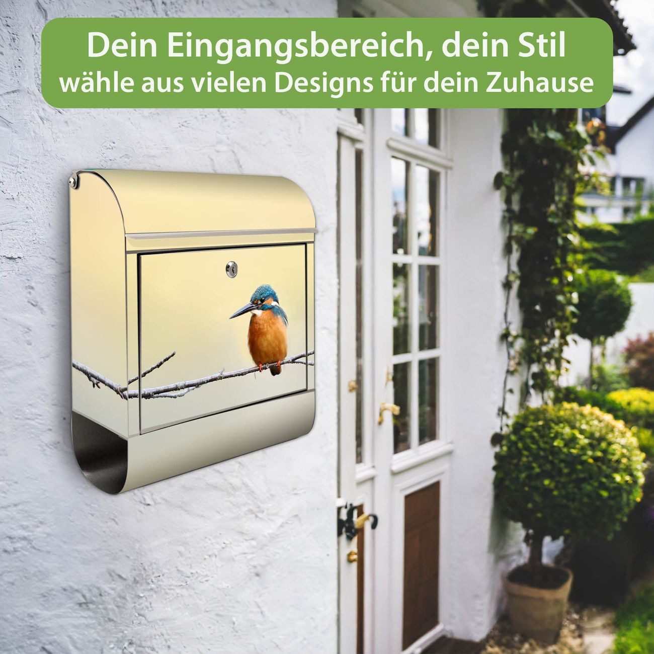 banjado Wandbriefkasten Edelstahl mit Motiv Pause (Wandbriefkasten groß, mit Zeitungsfach), 38 x 42,5 x12 cm