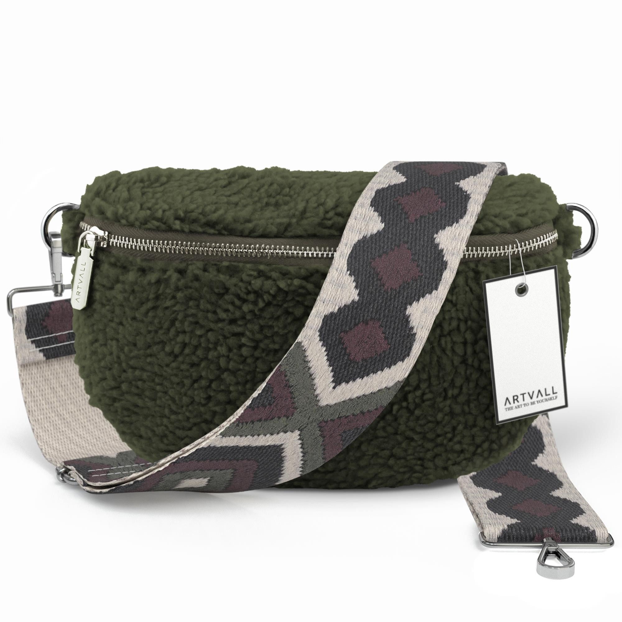 ARTVALL Umhängetasche Teddy Handtasche Damen Bag Brusttasche Olivgrün (Tasche inkl. Taschenband), Bauchtasche Teddytasche mit breitem Band Plüsch Tasche flauschig Klein
