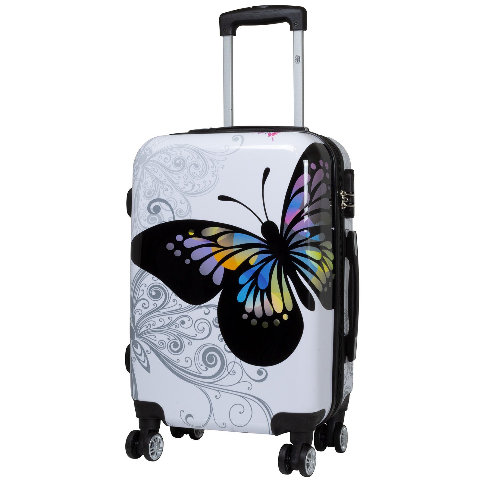 Trendyshop365 Hartschalen-Trolley Butterfly, bunter Koffer mit Schmetterlings-Motiv, 3 Größen, 4 Rollen, Zahlenschloss, Polycarbonat, Dehnfalte