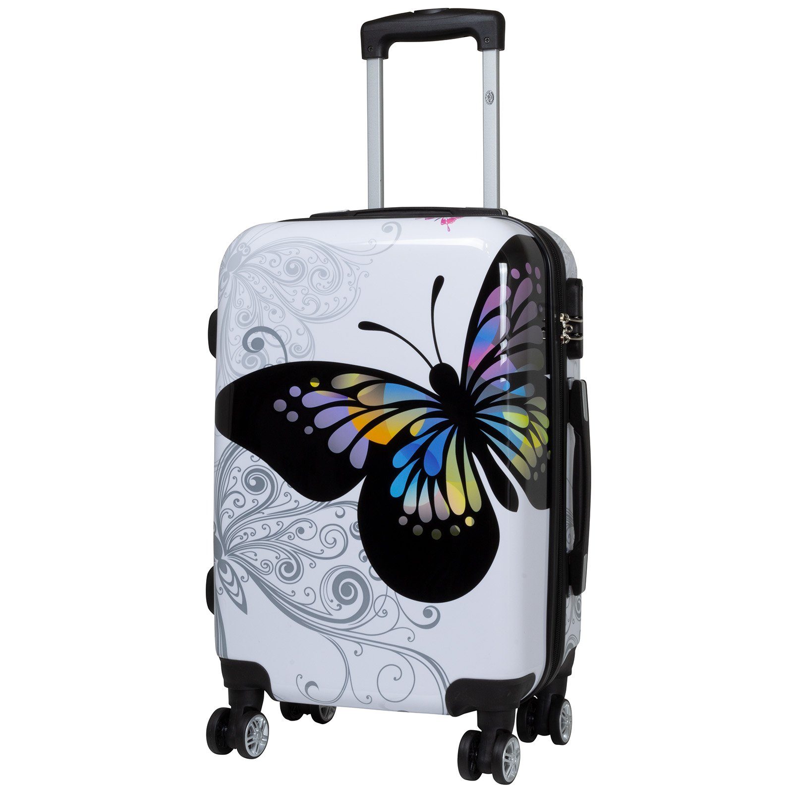 Trendyshop365 Hartschalen-Trolley Butterfly, bunter Koffer mit  Schmetterlings-Motiv, 3 Größen, 4 Rollen, Zahlenschloss, Polycarbonat,  Dehnfalte