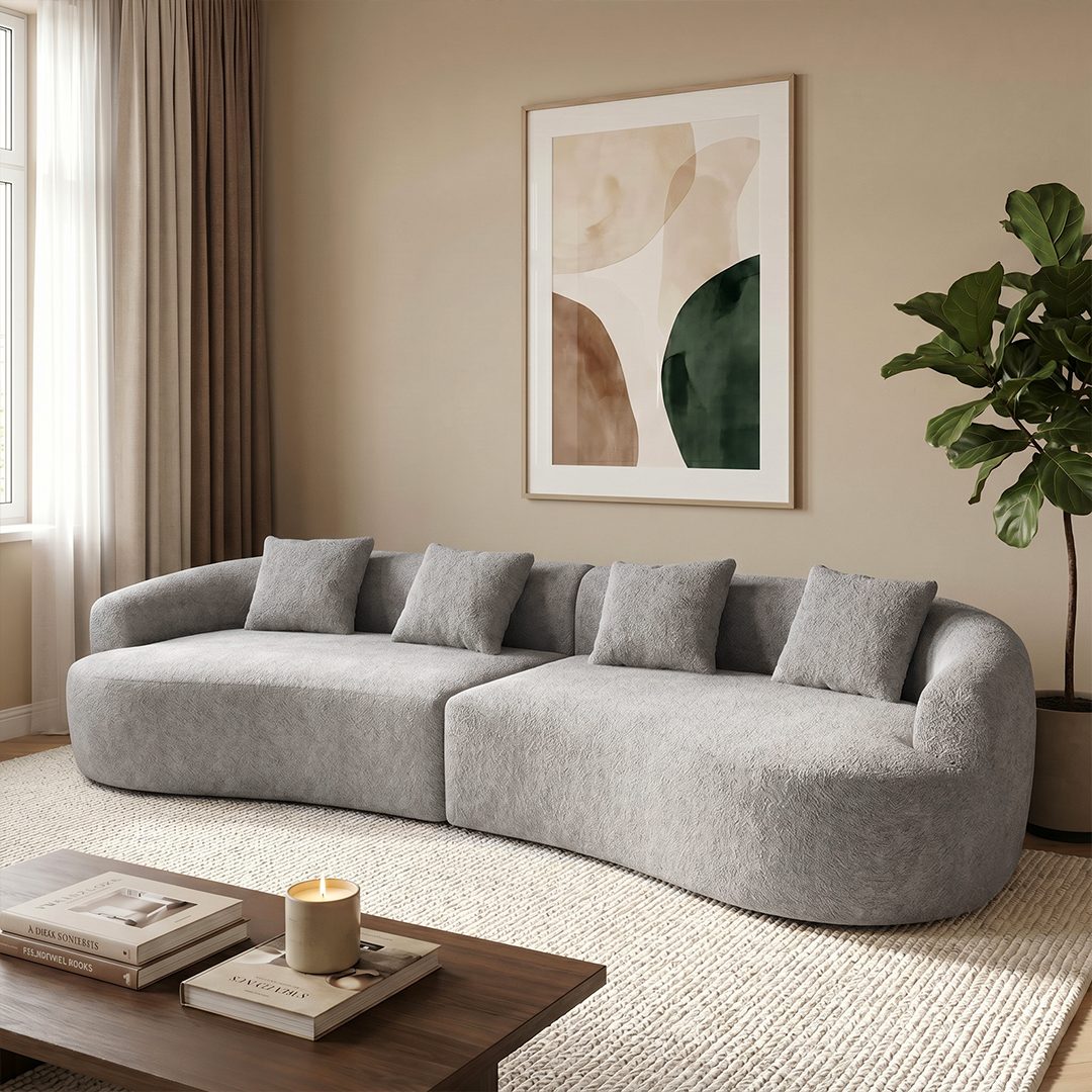 skølm Sofa Loki aus Teddy-Bouclé-Stoff, Vollschaumcouch mit Vakuum-Kompression, Grau, Couch 4 Sitzer mit 4 Kissen, kein Aufbau notwendig