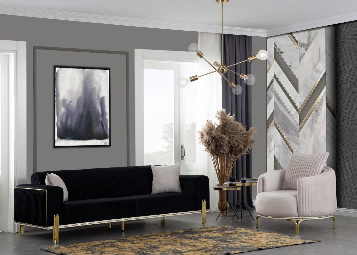Sofa Dreisitzer Designer Metall Gepolstert, in Gold Samt Möbel Made Europe JVmoebel Couch