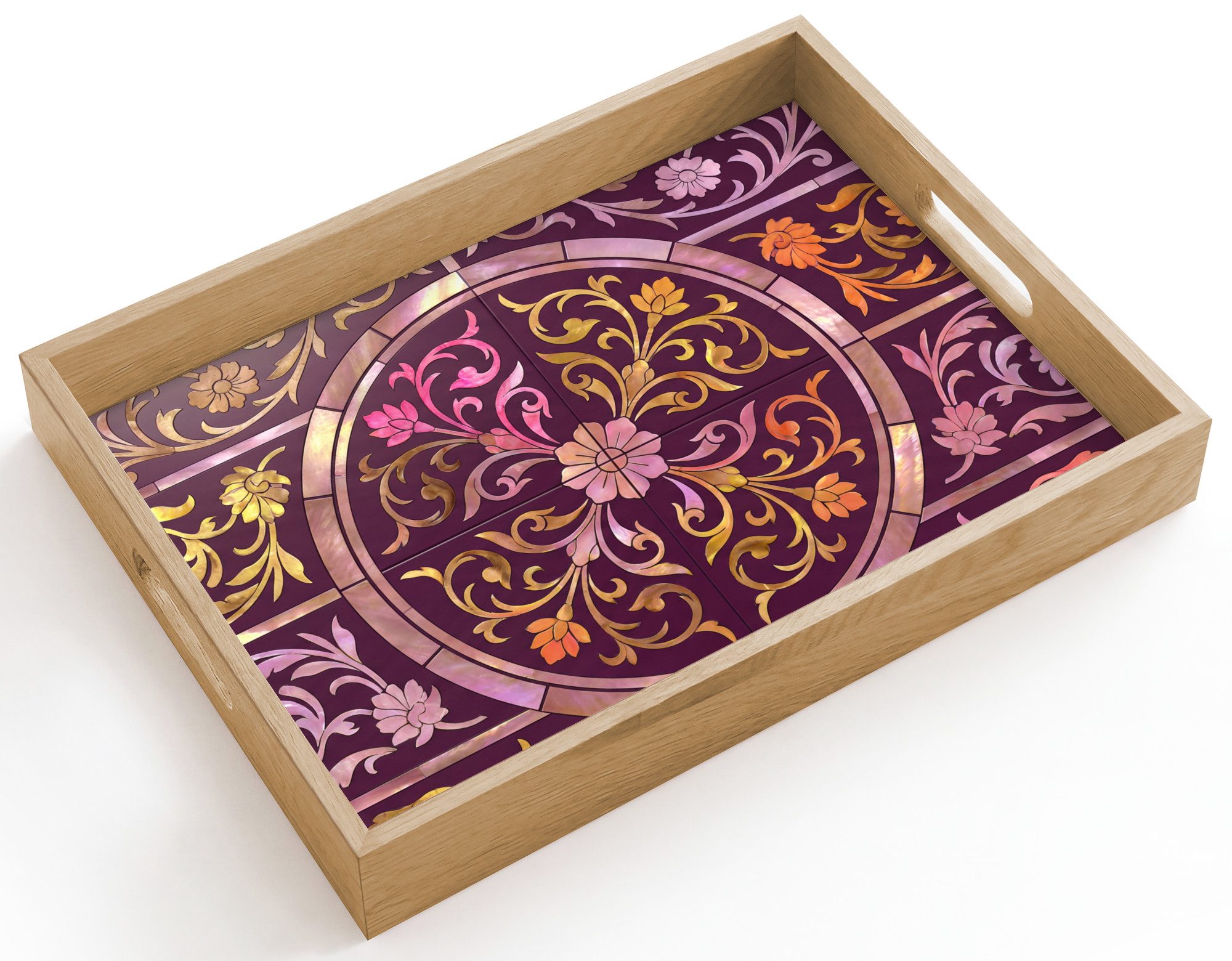 OnlyWow Tablett Rechteckig mit Henkel Muster – Blumen – Orientalisch – Lila – Gold, Eichenholz, (1-tlg), Siervierplatte, Tray, Frühstücksbrett