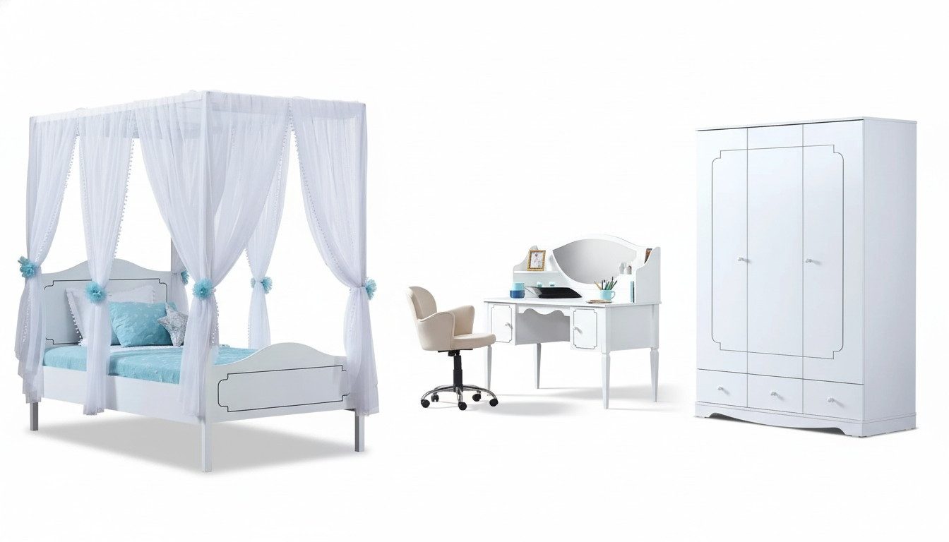 JVmoebel Himmelbett Weißes Holz-Bett für Kinderzimmer mit liebevollen Details, Made in Europa
