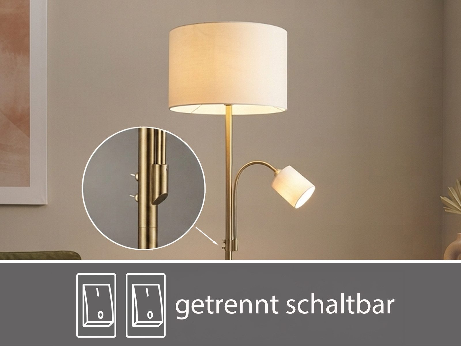 TRIO Leuchten LED Stehlampe mit Leselampe & Stoffschirm Höhe 170cm, dimmbar, LED wechselbar, Warmweiß, Designklassiker Steh-Leuchte groß für Lese-Ecke stehend – Bild 4 von 5