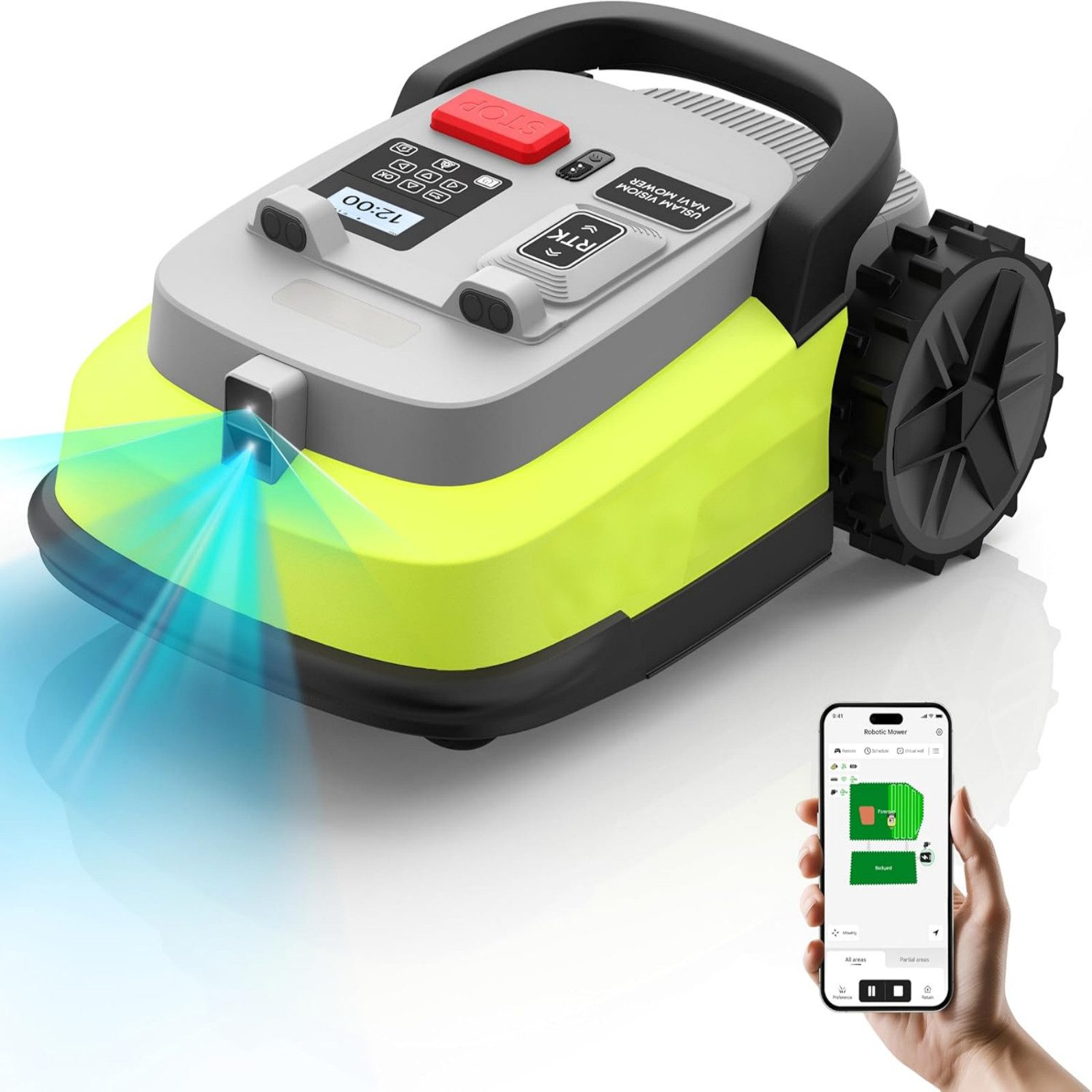 AIRROBO Rasenmähroboter Rasenmähroboter NetRTK+Vision,ohne Begrenzungskabel 1000m², bis 1000 m² Rasenfläche, (Packung, 1-St., Mehrzonen-Management), 55 % Steigung,App-Steuerung,WIFI,23 cm Schnittbreite,52 dB