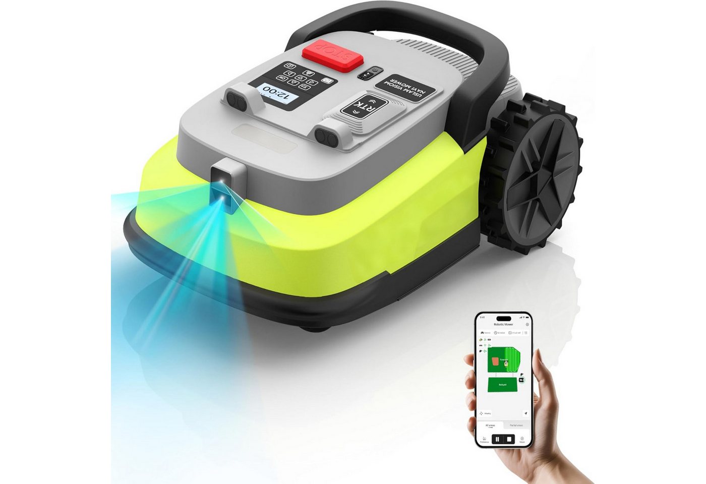 AIRROBO Rasenmähroboter Rasenmähroboter NetRTK+Vision,ohne Begrenzungskabel 1000m², bis 1000 m² Rasenfläche, (Packung, 1-St., Mehrzonen-Management), 55 % Steigung,App-Steuerung,WIFI,23 cm Schnittbreite,52 dB