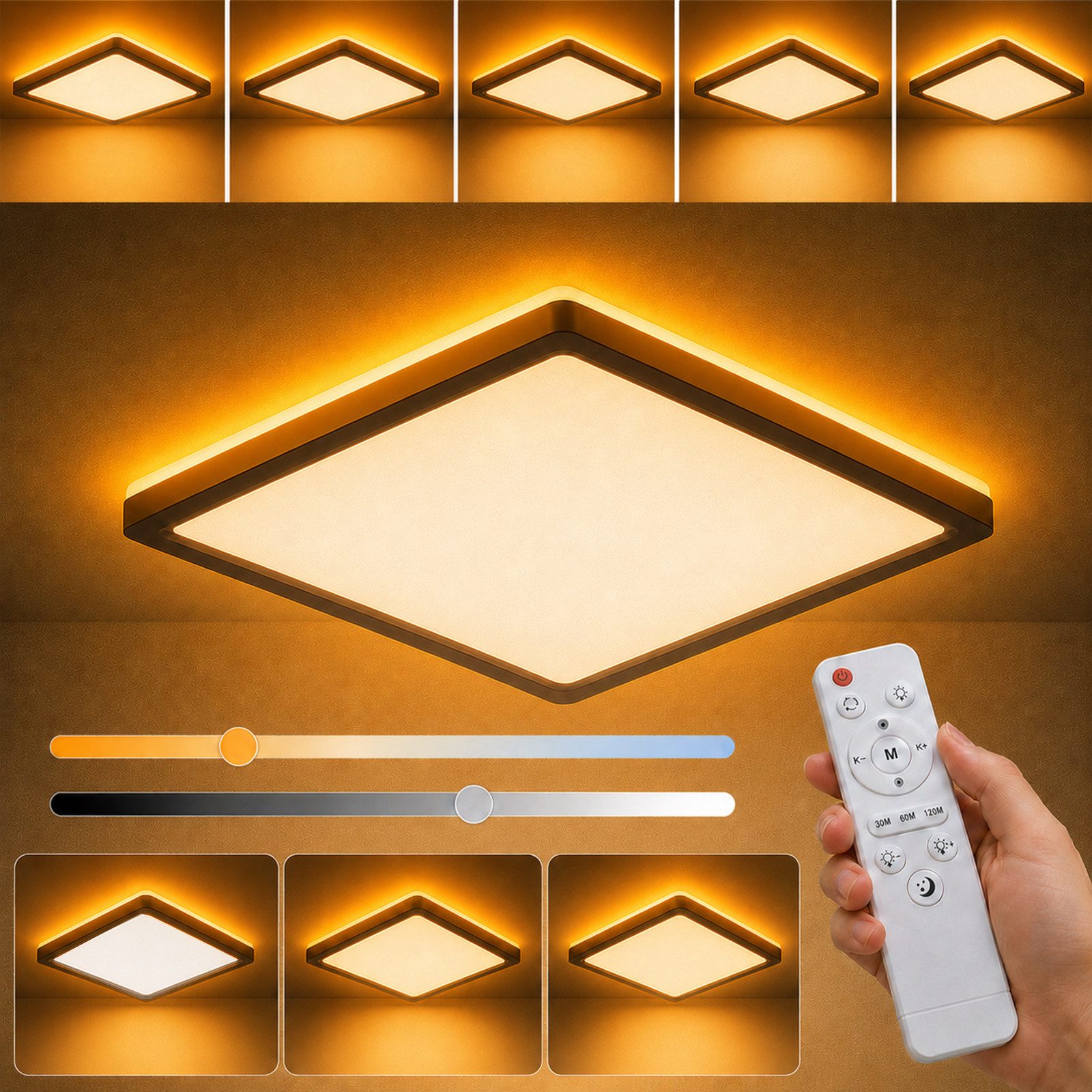 Rosnek LED Deckenleuchte Flach, Deckenlampe mit Nachtlicht Dimmbar Fernbedienung, LED fest integriert, 20W 3200LM, 2700K-6500K, ultraflache Deckenlampe für Büro Schlafzimmer