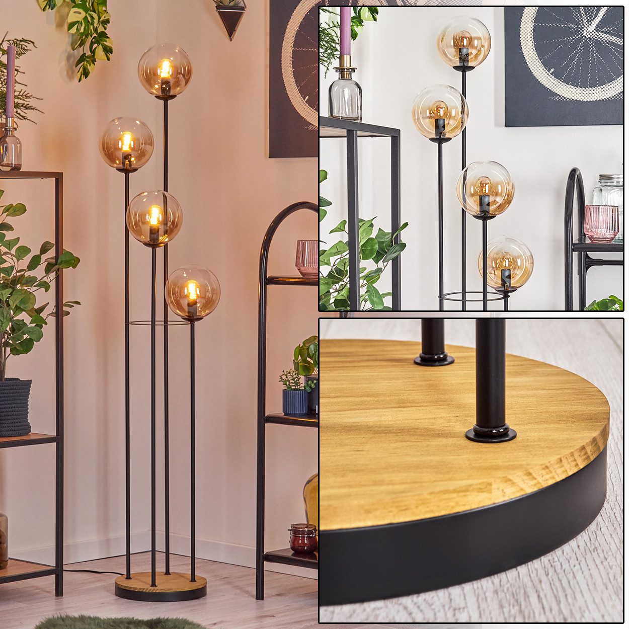 hofstein Stehlampe Stehlampe aus Metall/Holz/Glas in Schwarz/Dunkelbraun/Be günstig online kaufen