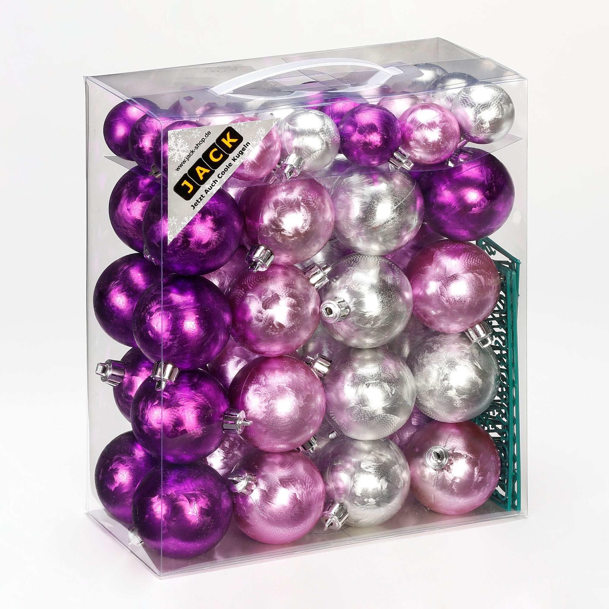 JACK Christbaumschmuck JACK by Inge 50x Kunststoff Kugeln Eislack Violett Flieder Silber, Inkl. Haken, Rillenoptik aus Kunststoff Ø 4 + 6 cm, Aufbewahrungsbox