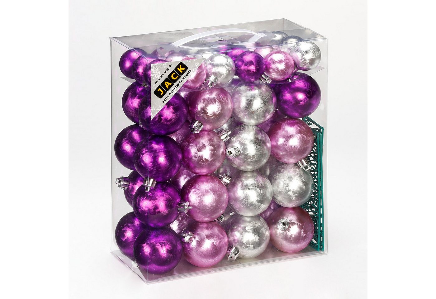JACK Christbaumschmuck JACK by Inge 50x Kunststoff Kugeln Eislack Violett Flieder Silber, Inkl. Haken, Rillenoptik aus Kunststoff Ø 4 + 6 cm, Aufbewahrungsbox