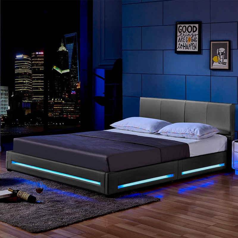 HOME DELUXE Bett LED Bett ASTEROID (Set, 3-tlg., Bettkasten und Lattenrost), 180 x 200 cm gepolstertes Kopfteil, Polsterbett, Kunstlederbett
