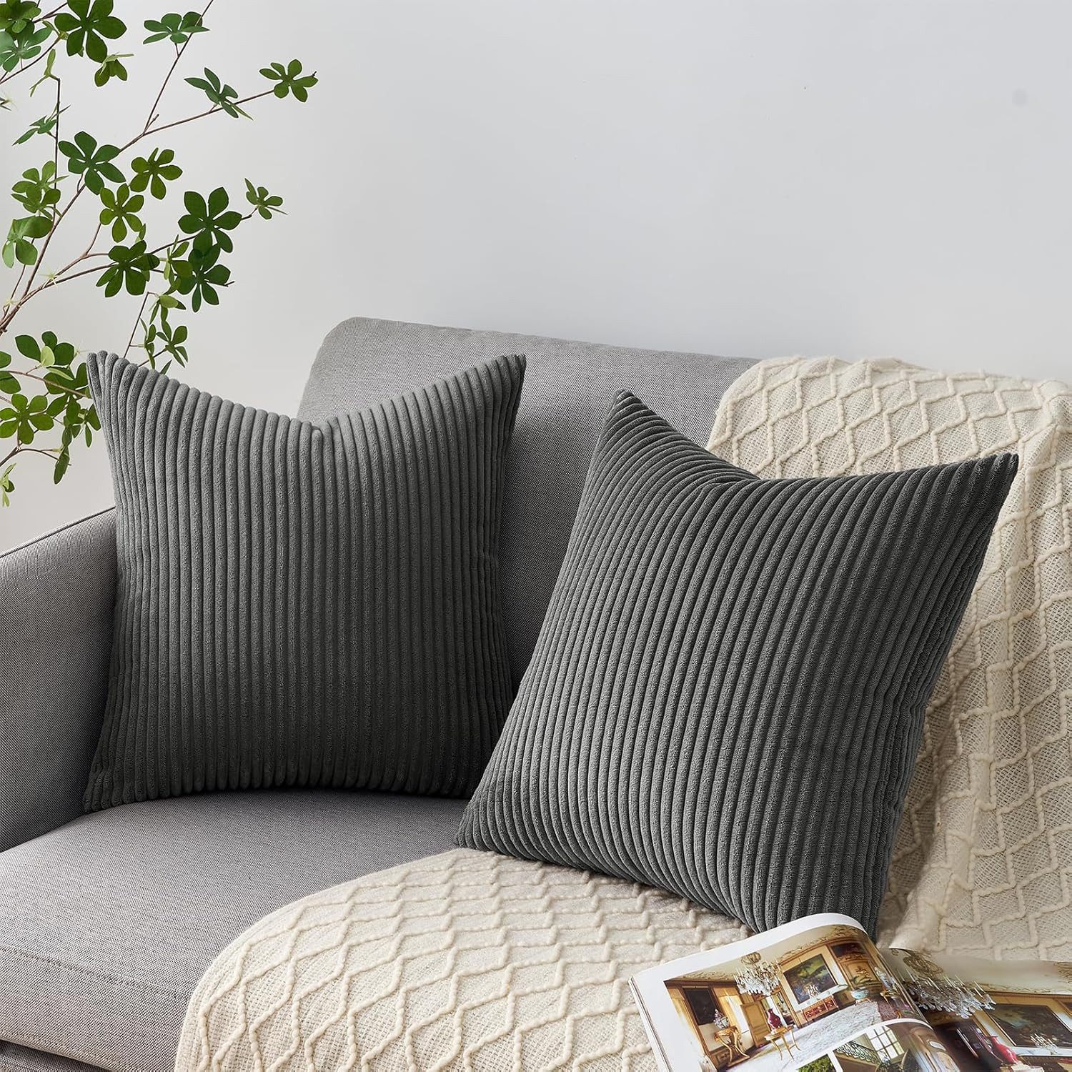 Topfinel Kissenbezüge 4er Set Kordsamt, flauschig Farbverlauf, Gestreift, kissenbezug 40x40 Dunkelgrau cord kissen sofakissen kissenhüllen 40x40