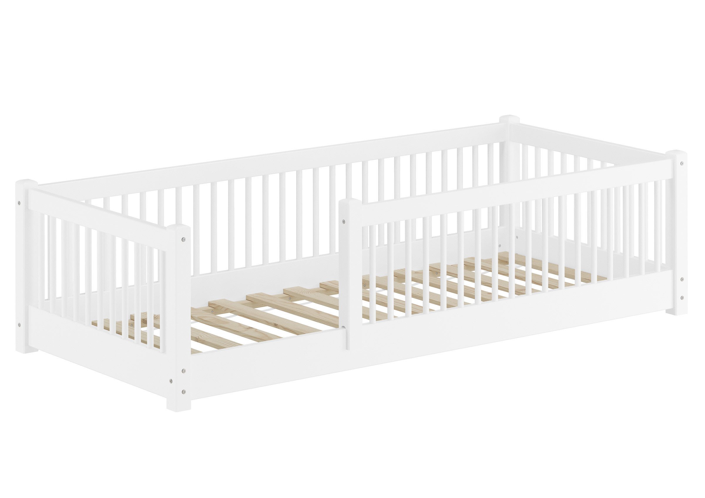 Bett Weißes Niedriges Holz-Gitterbett 90 x 200 Kinderbett Kiefer Massivholz