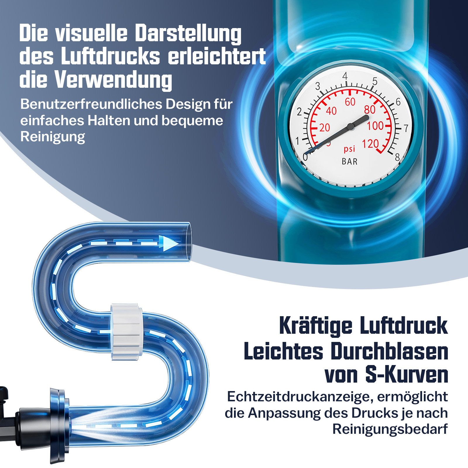 XERSEK Rohrreinigungspumpe Rohrreiniger Toilette Dusche & Spüle Abflussreiniger Druckluft Pumpe, aus Edelstahl, Max.6 Bar, mit 3 x Kolbenköpfe