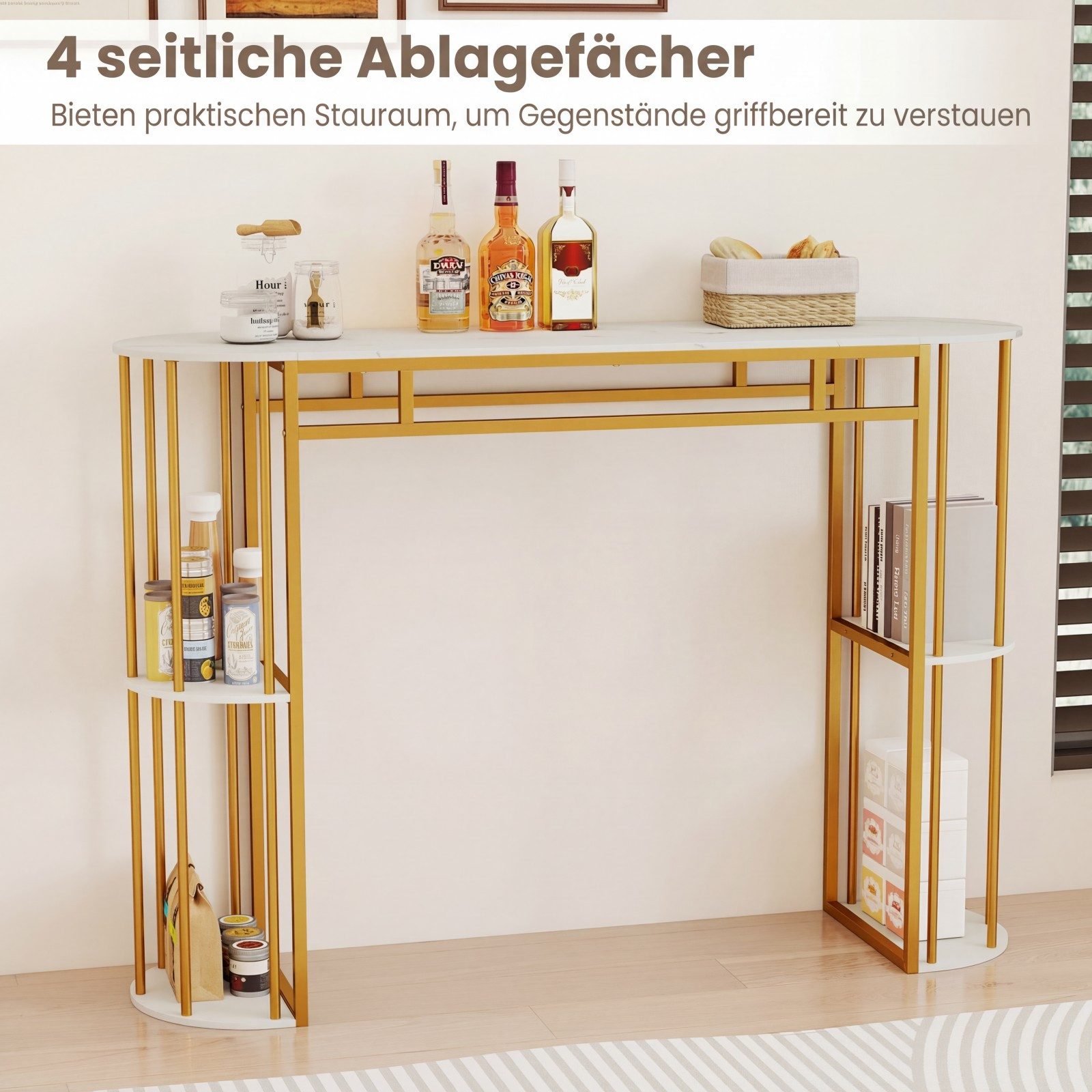 KOMFOTTEU Bartisch, schmaler Küchentheke mit 4 halbrunde Regale & Metallrahmen